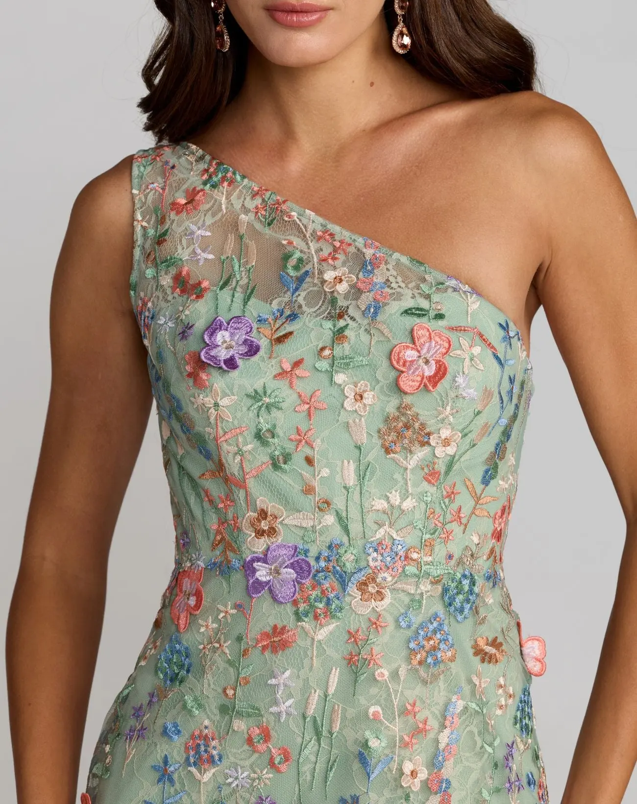 Green One Shoulder Floral Embroidered Gown - Special Events Unlimited