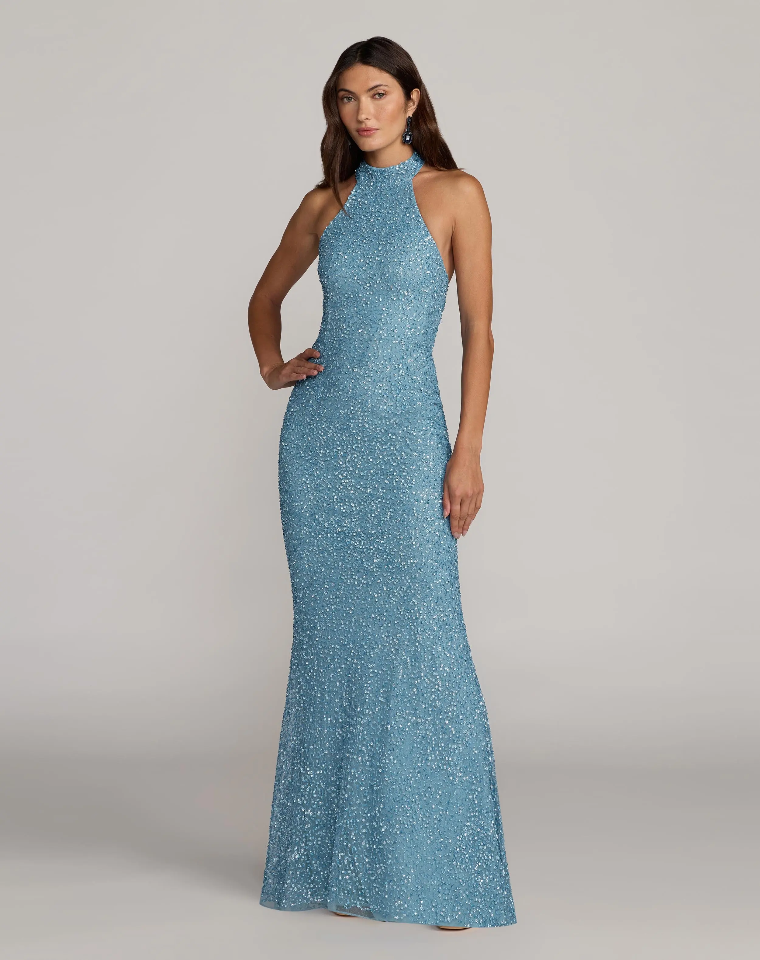 Blue Embellished Halter Neck Open Back Column Gown - Special Events Unlimited