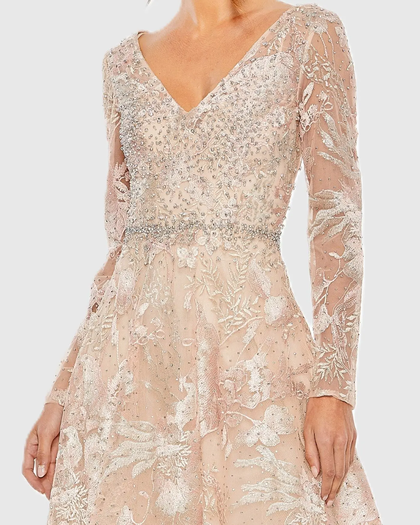 Light Pink Embroidered Long Sleeve Midi Dress - Special Events Unlimited