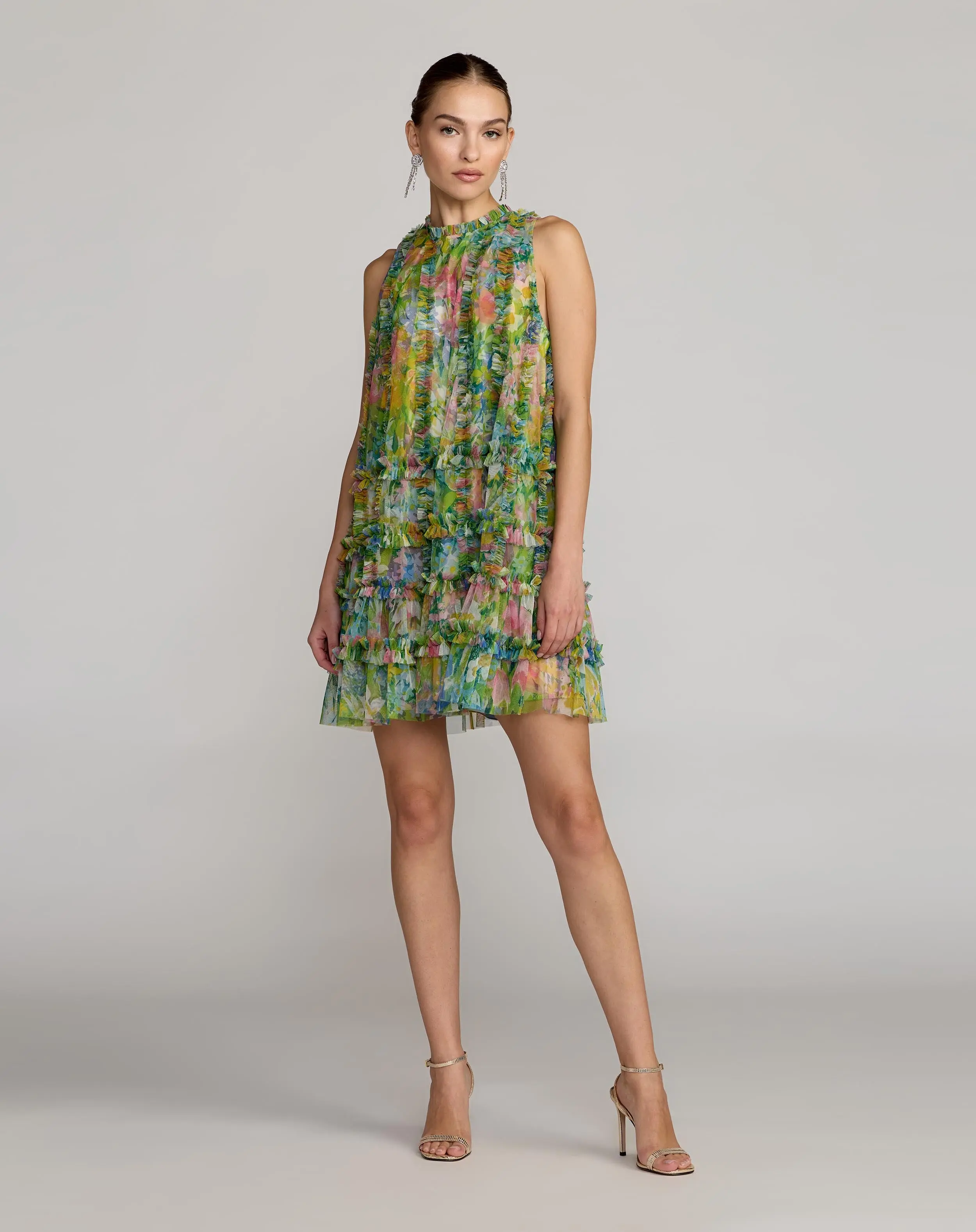 Green Printed Sleeveless High Neck Ruffle Mini Dress - Special Events Unlimited
