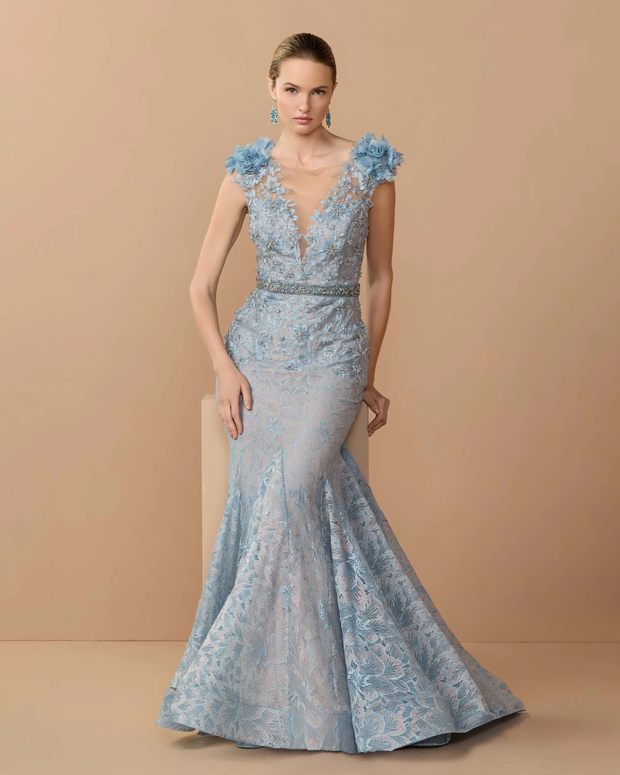 Blue Embellished Lace Illusion Neck Gown With 3D Flowers - Special Events Unlimited
