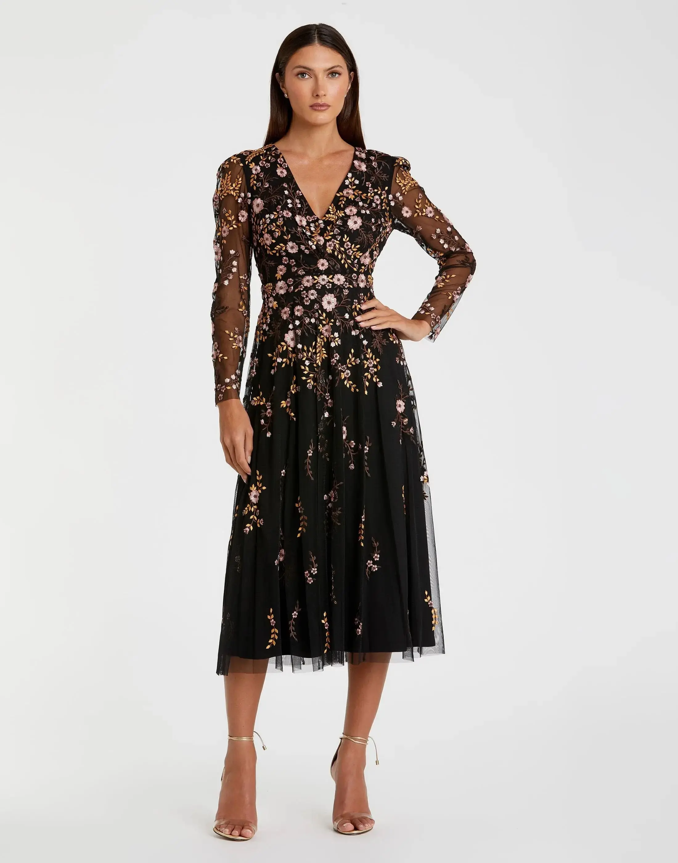 Black Multicolor Floral Embroidered A-Line Cocktail Dress - Special Events Unlimited