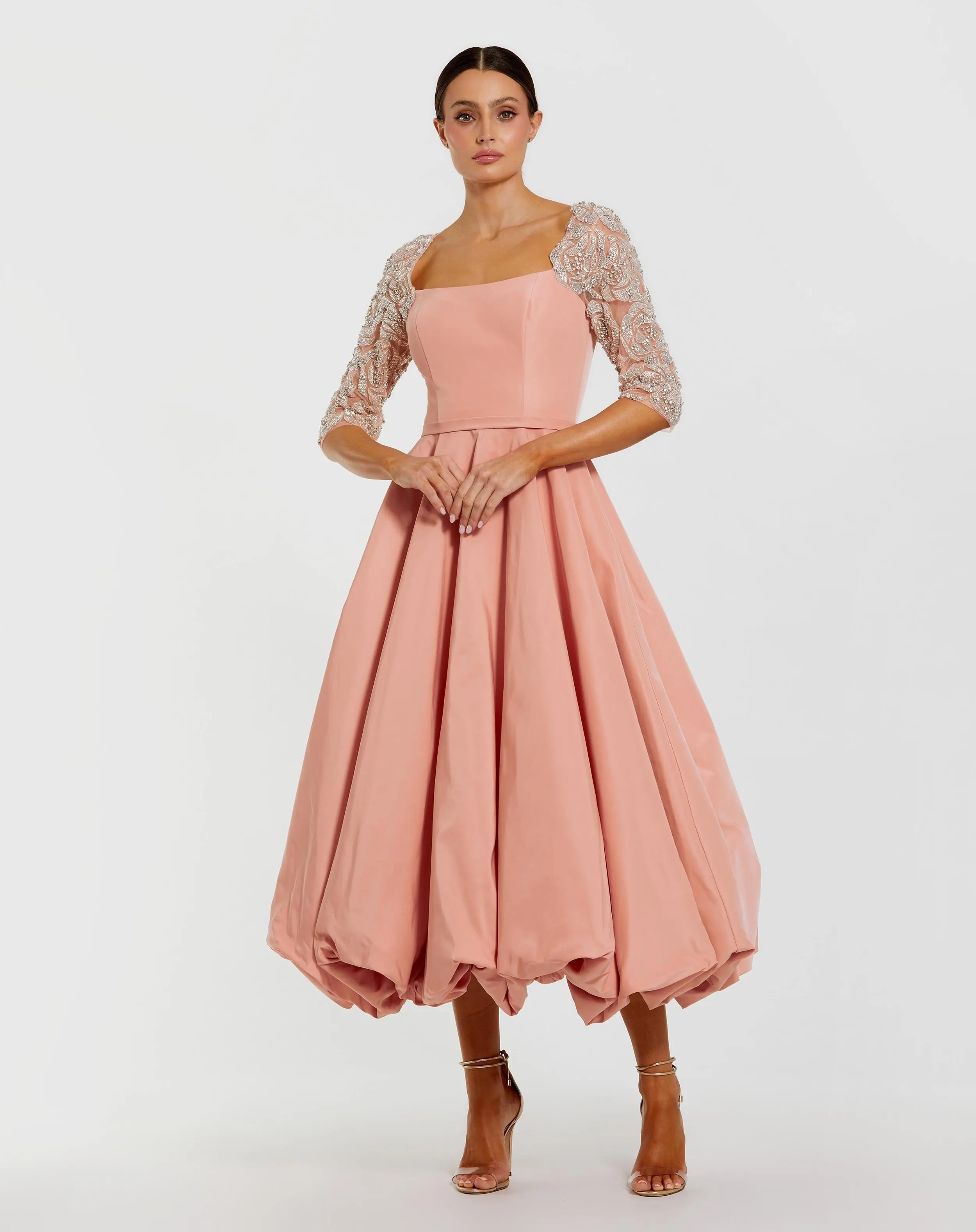 Pink Bubble Hem Midi Dress With Embellished Sleeves - Special Events Unlimited