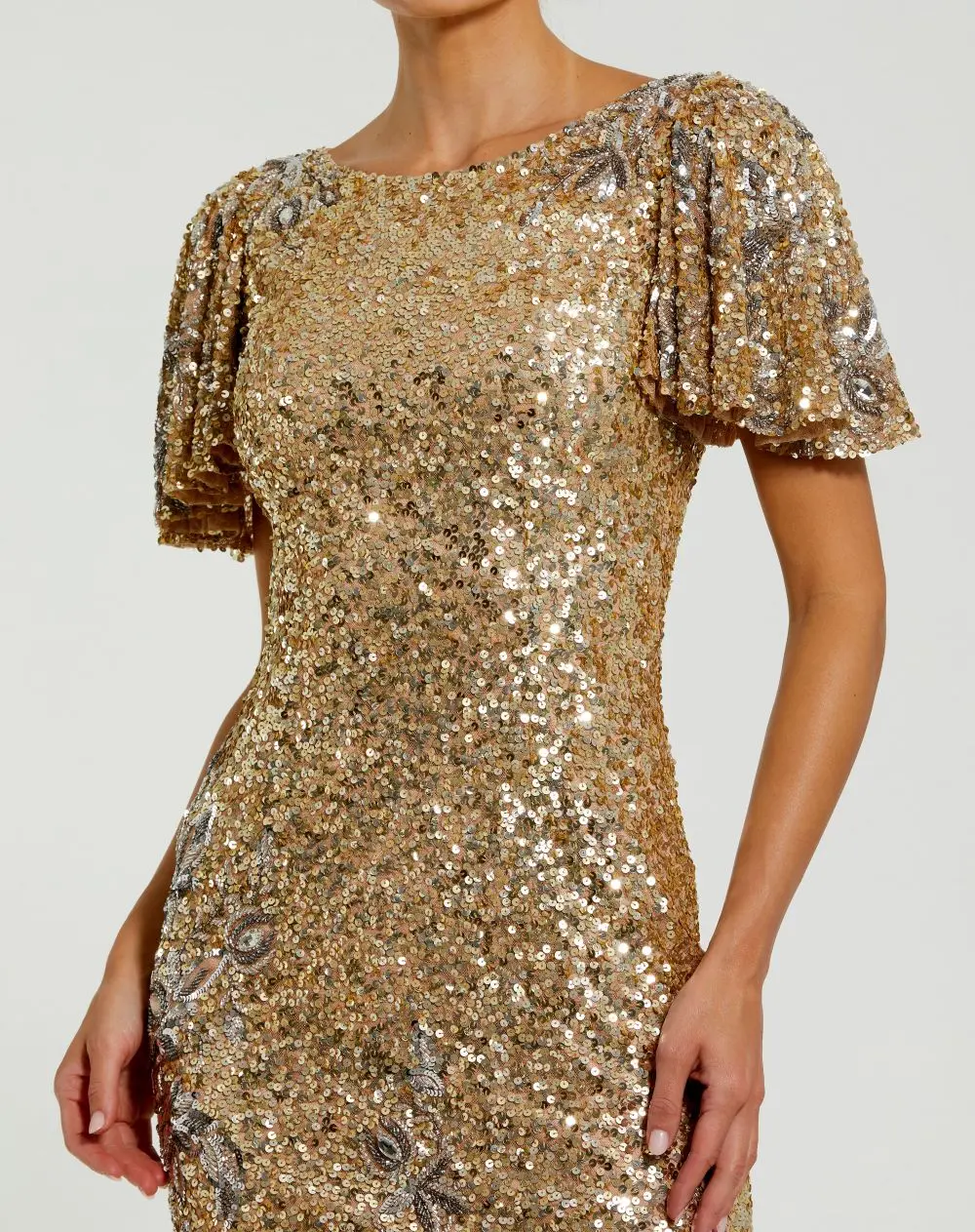 Gold Flutter Sleeve Floral Embellished Sequin Midi Dress - Special Events Unlimited