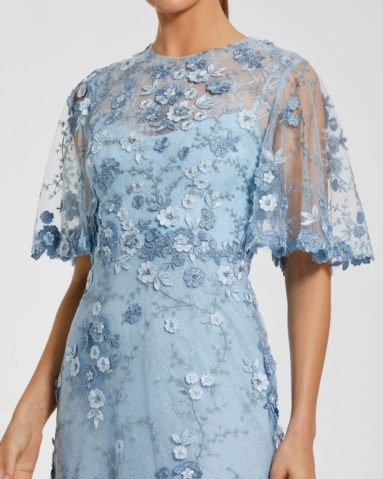 Blue Flutter Sleeve Floral Embroidered Net Gown - Special Events Unlimited