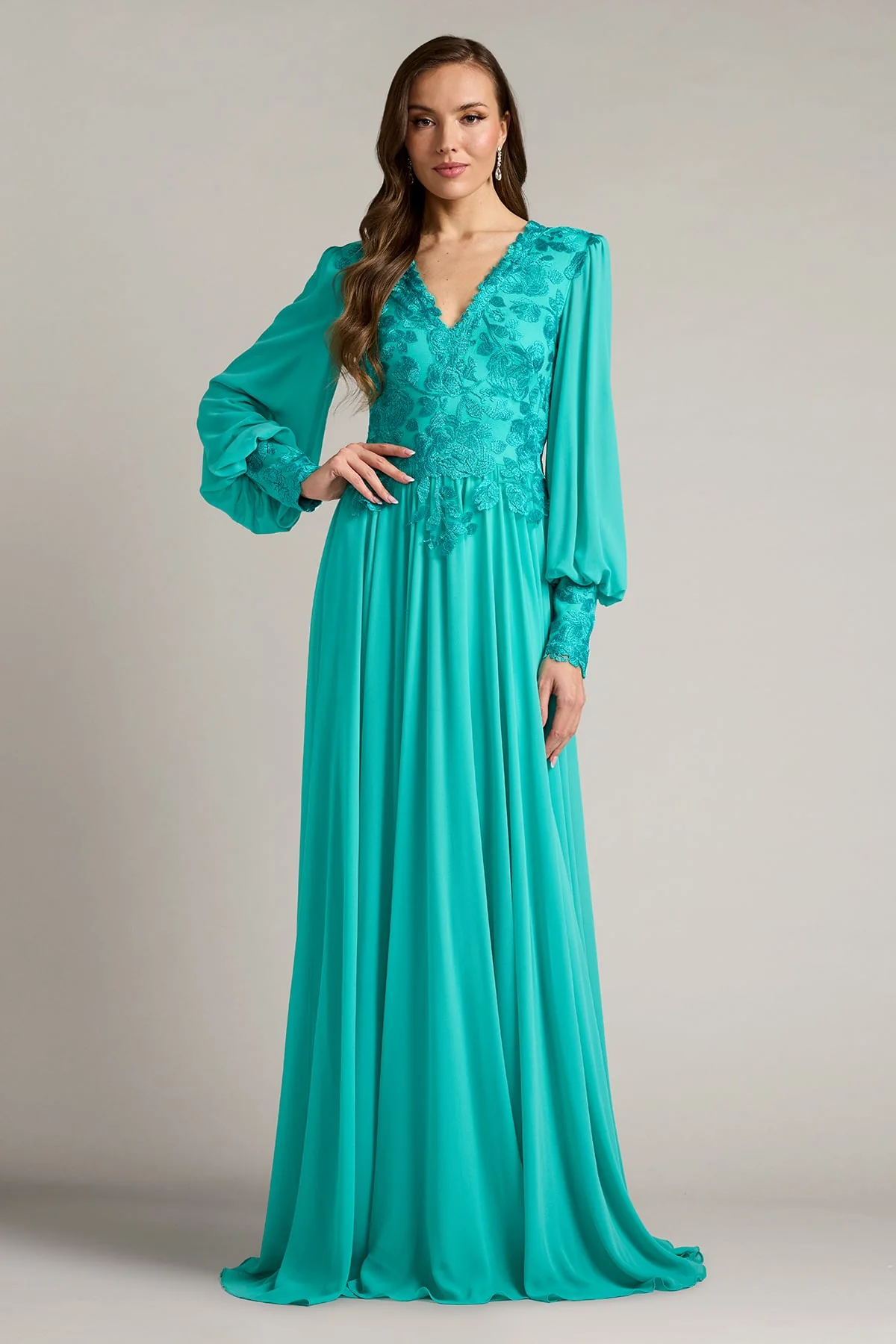Delfina Embroidered Bishop Sleeve Gown - Special Events Unlimited