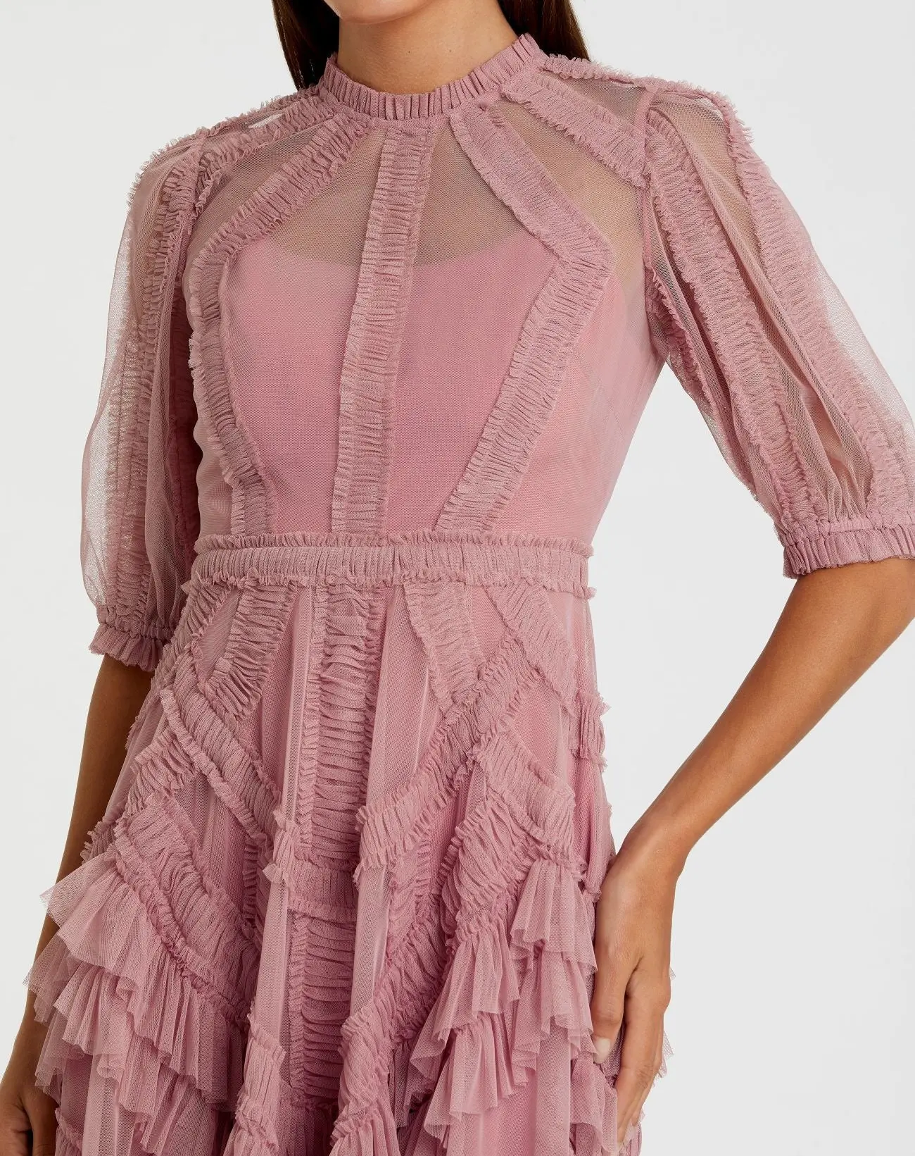Petite Pink High Neck Ruffle Tiered A-Line Midi Dress - Special Events Unlimited