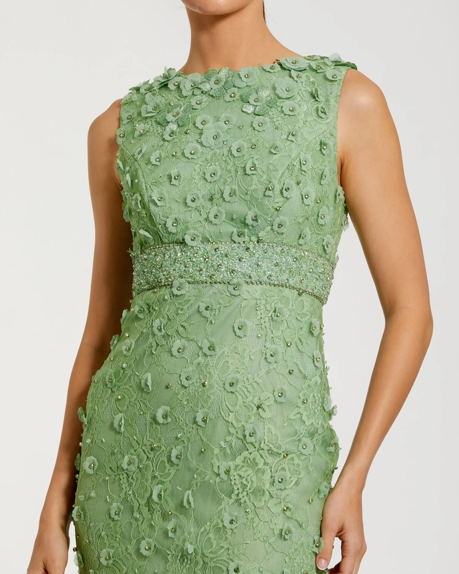 Green Floral Applique Sleeveless Midi Dress - Special Events Unlimited