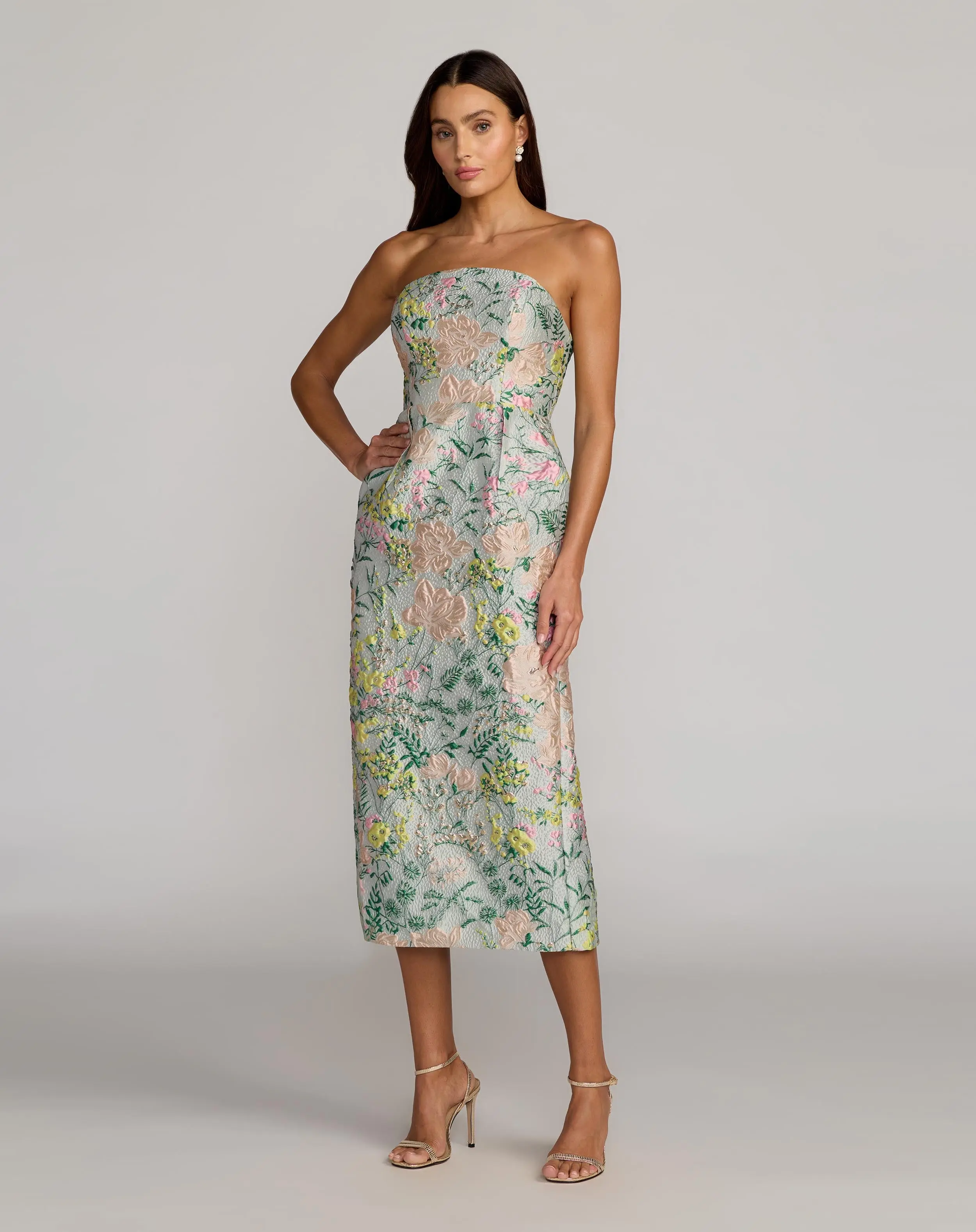 Multicolor Strapless Brocade Midi Dress With Pockets - Special Events Unlimited