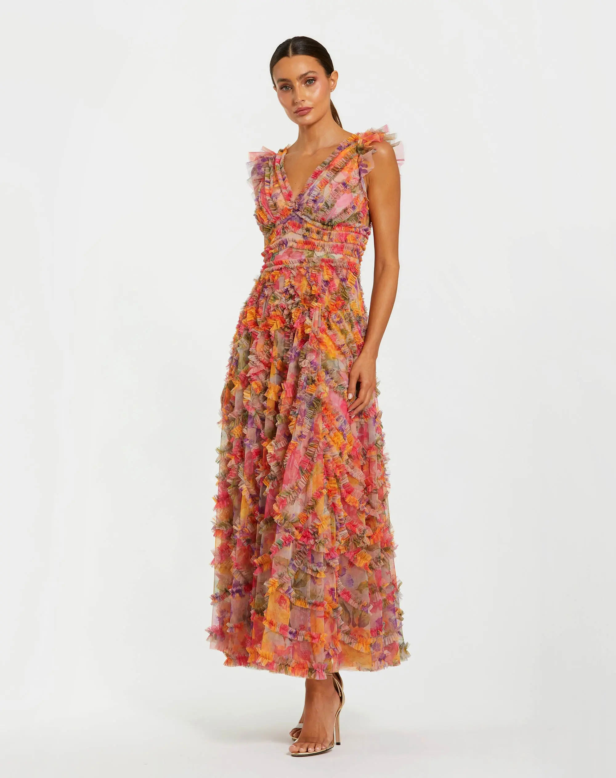 Petite Multicolor Floral V-Neck Ruffle Maxi Dress - Special Events Unlimited