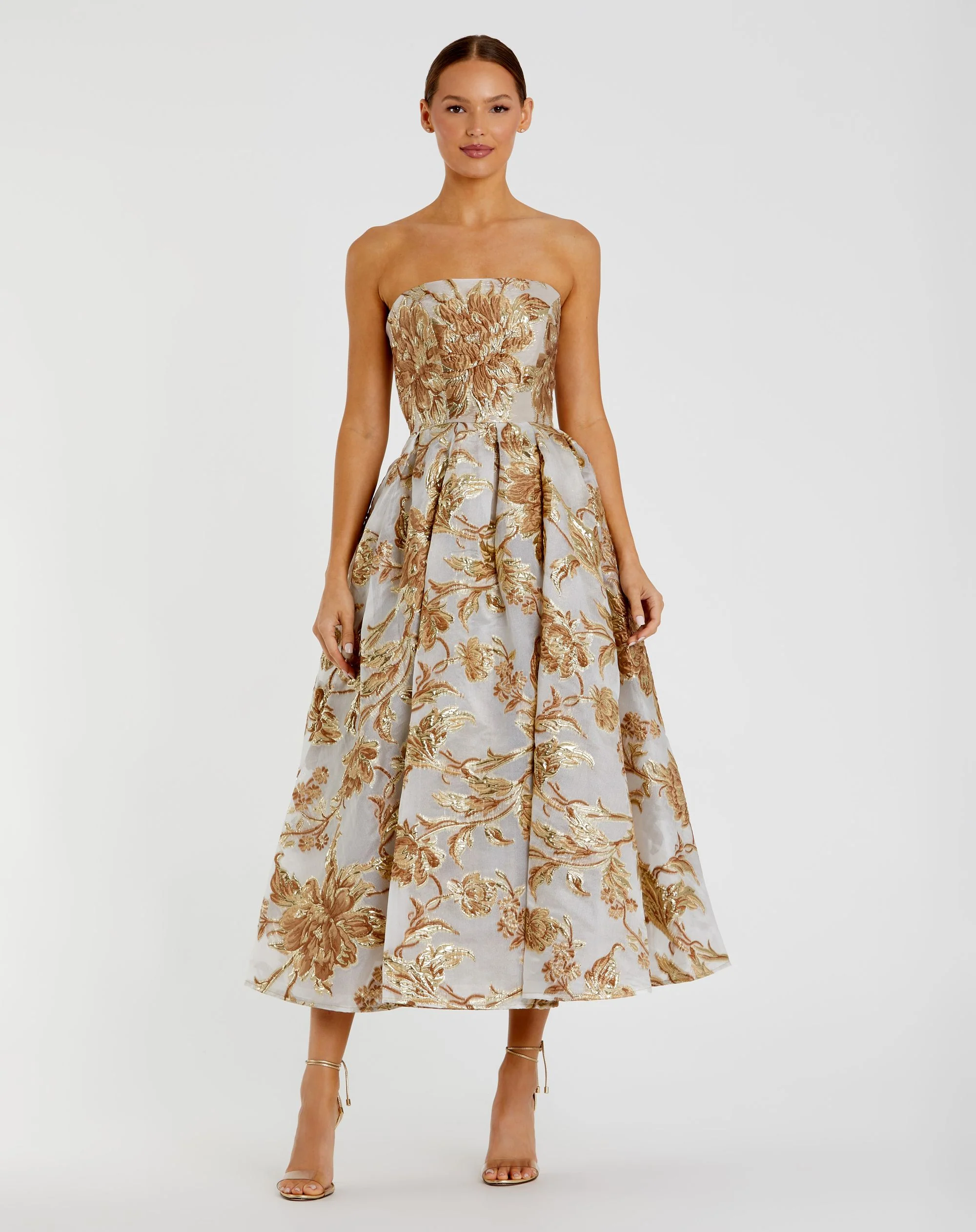 Petite Gold Strapless Brocade Midi Dress with Pockets - Special Events Unlimited