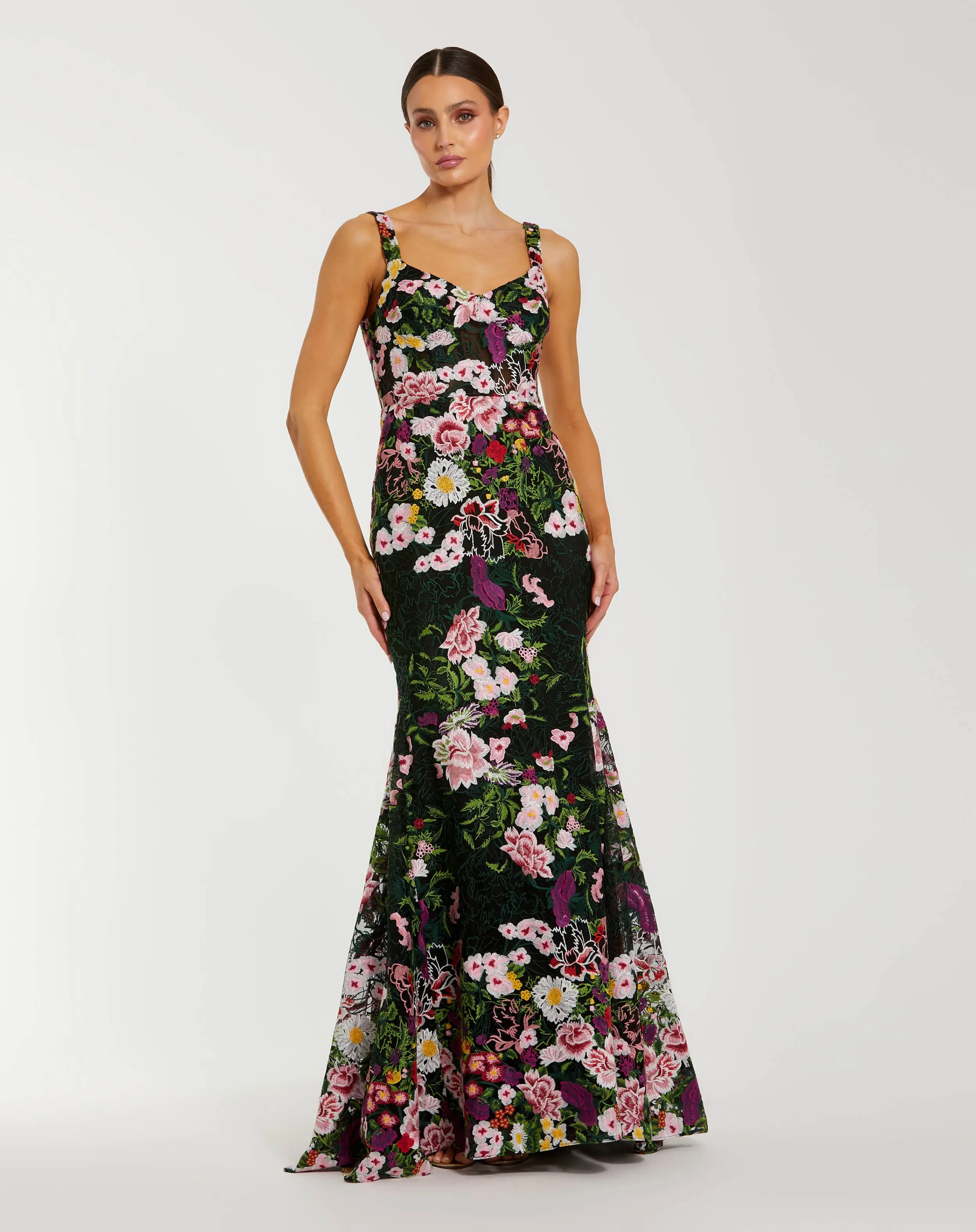 Black Sleeveless Floral Embroidered Mermaid Gown - Special Events Unlimited