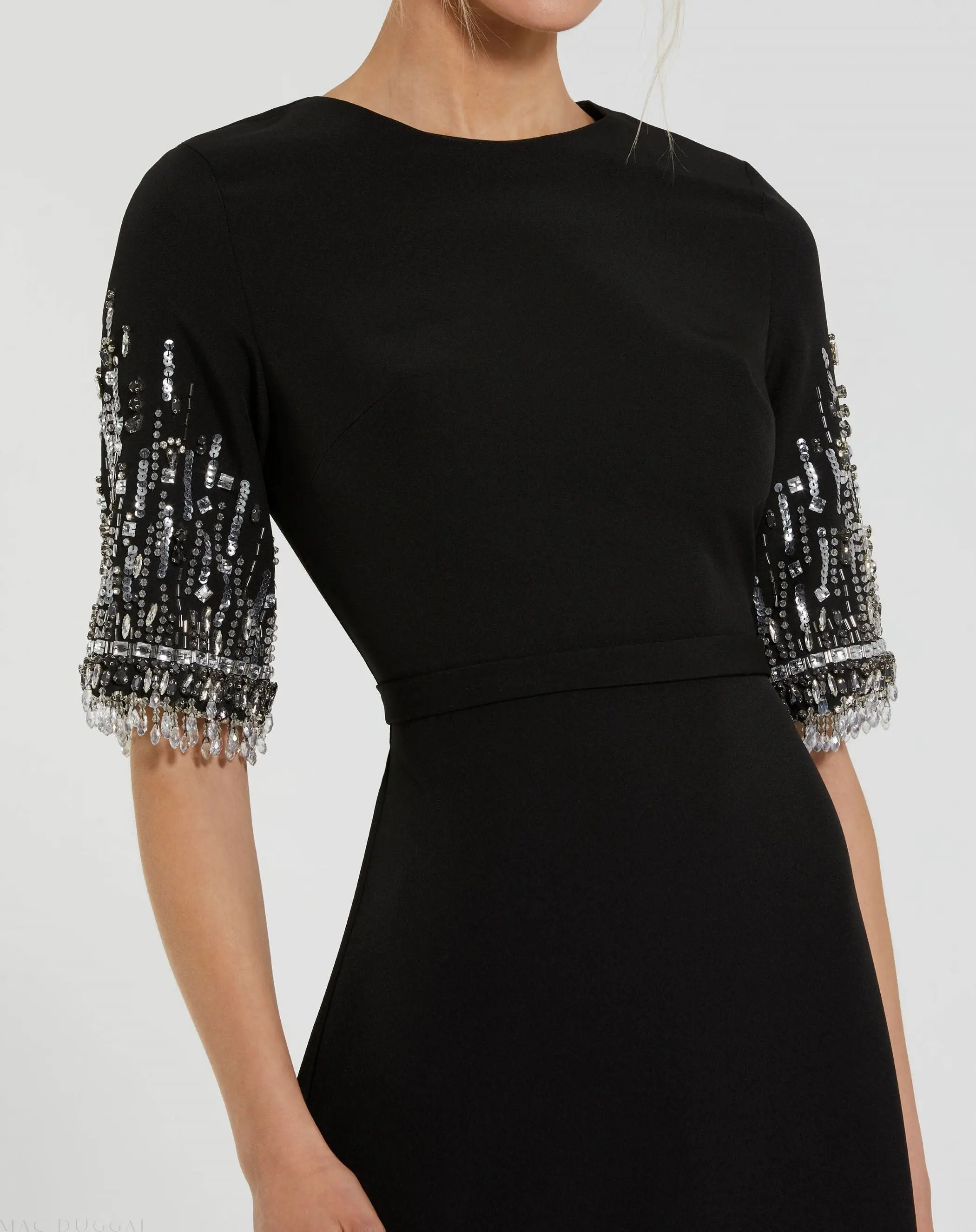 Black Crepe A Line Gown With Beaded 3/4 Sleeves - Special Events Unlimited