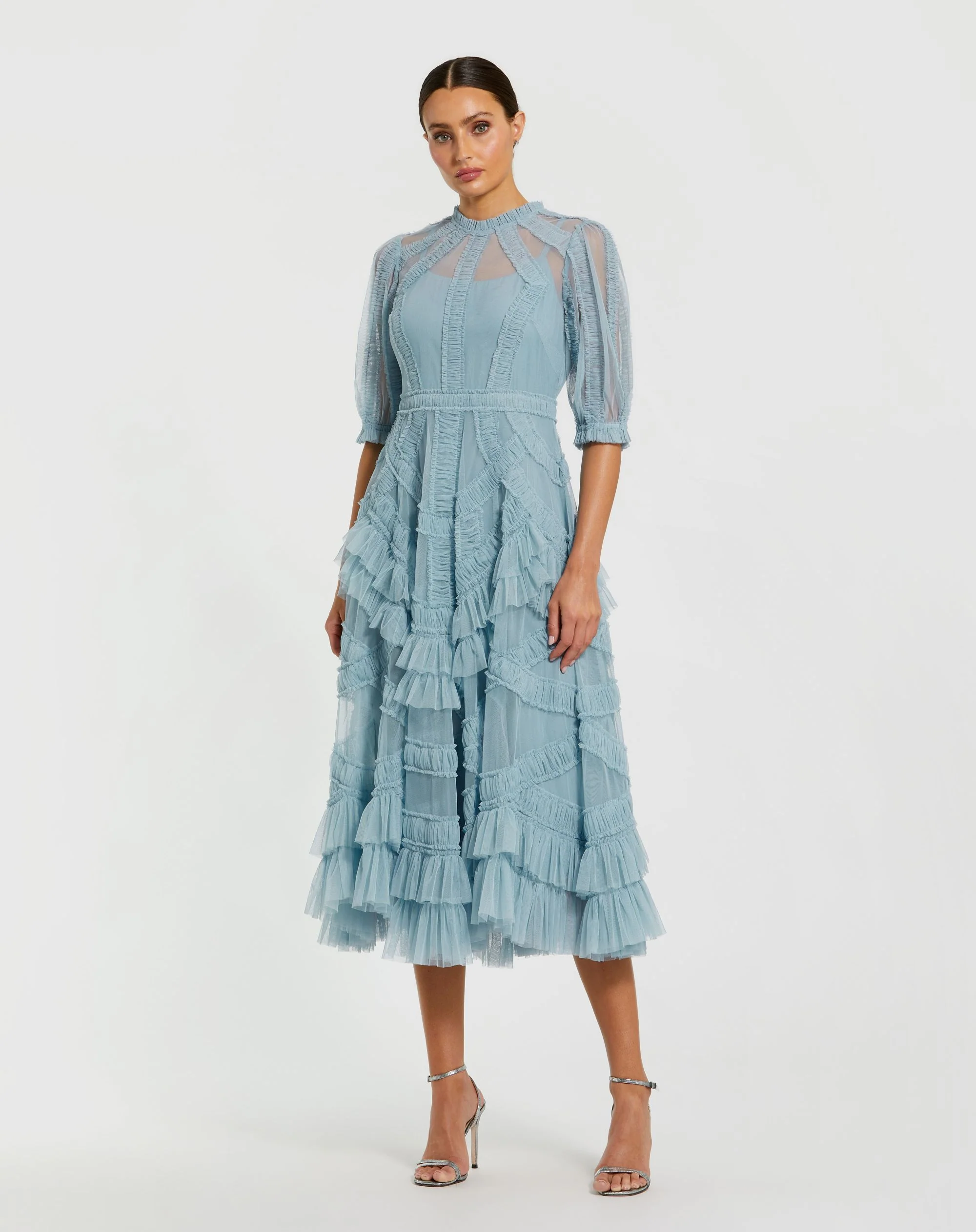 Petite Blue High Neck Ruffle Tiered A-Line Midi Dress - Special Events Unlimited