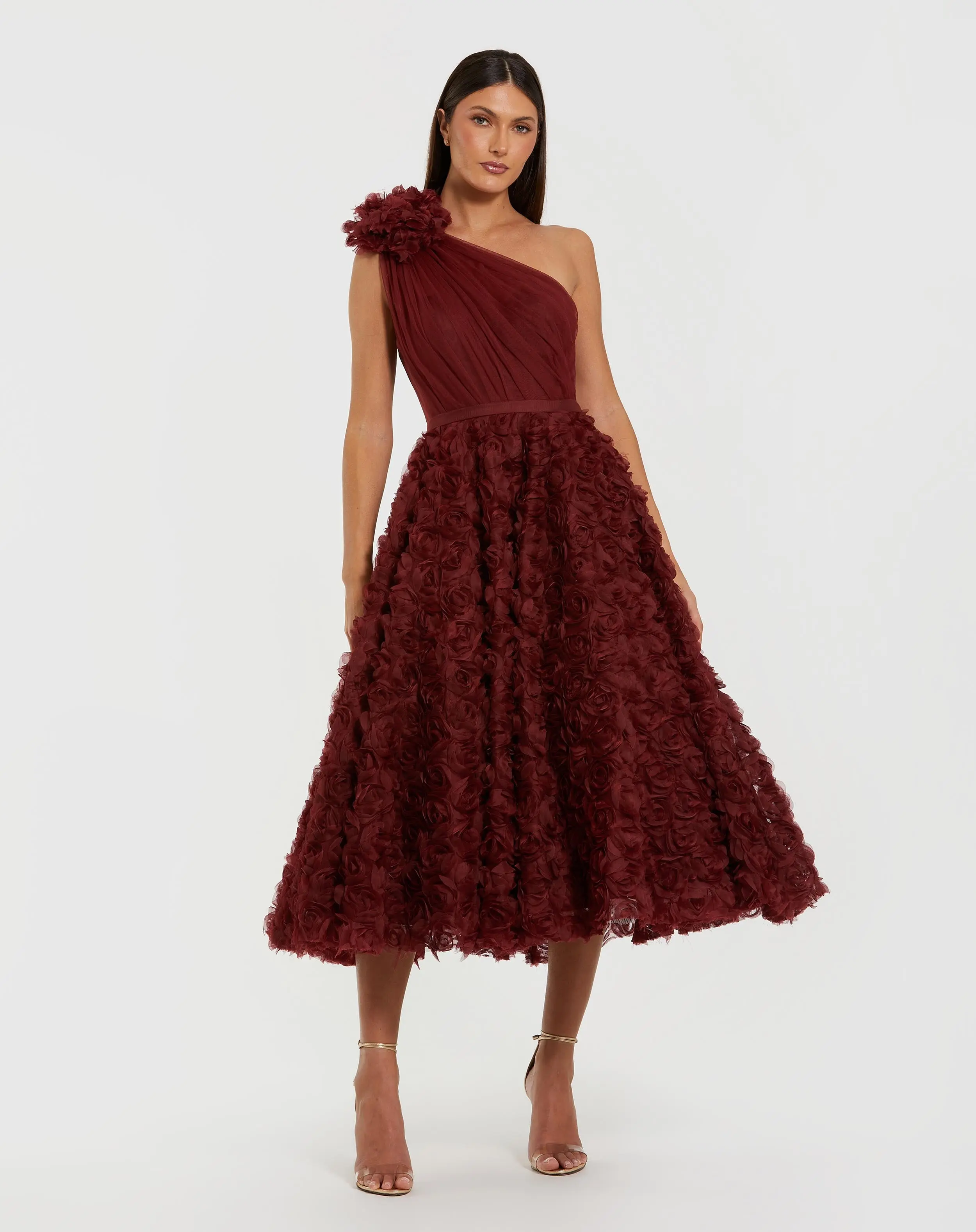 Red One Shoulder 3D Floral Rosette Midi Dress - Special Events Unlimited