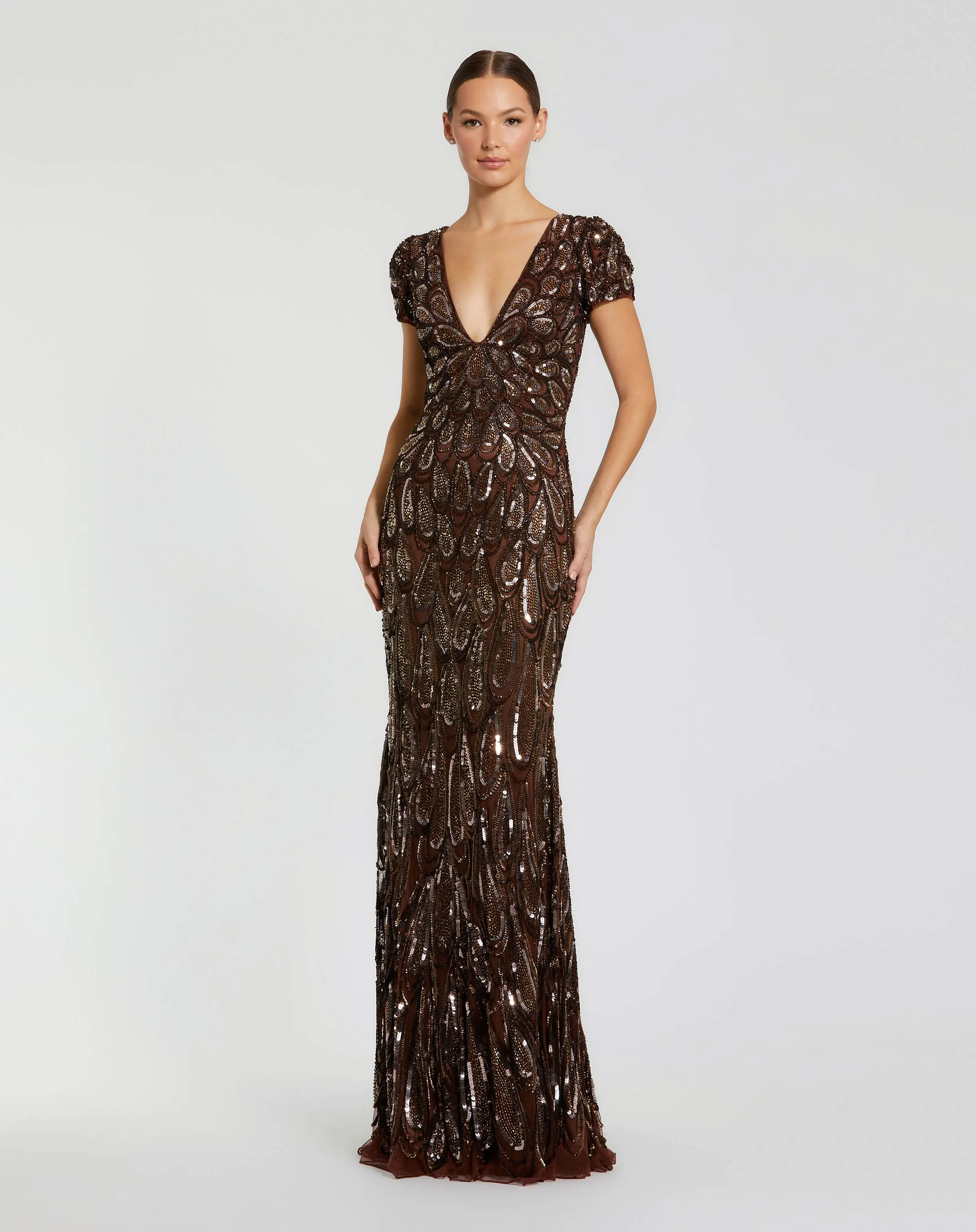 Brown Embellished Deep V Column Gown - Special Events Unlimited