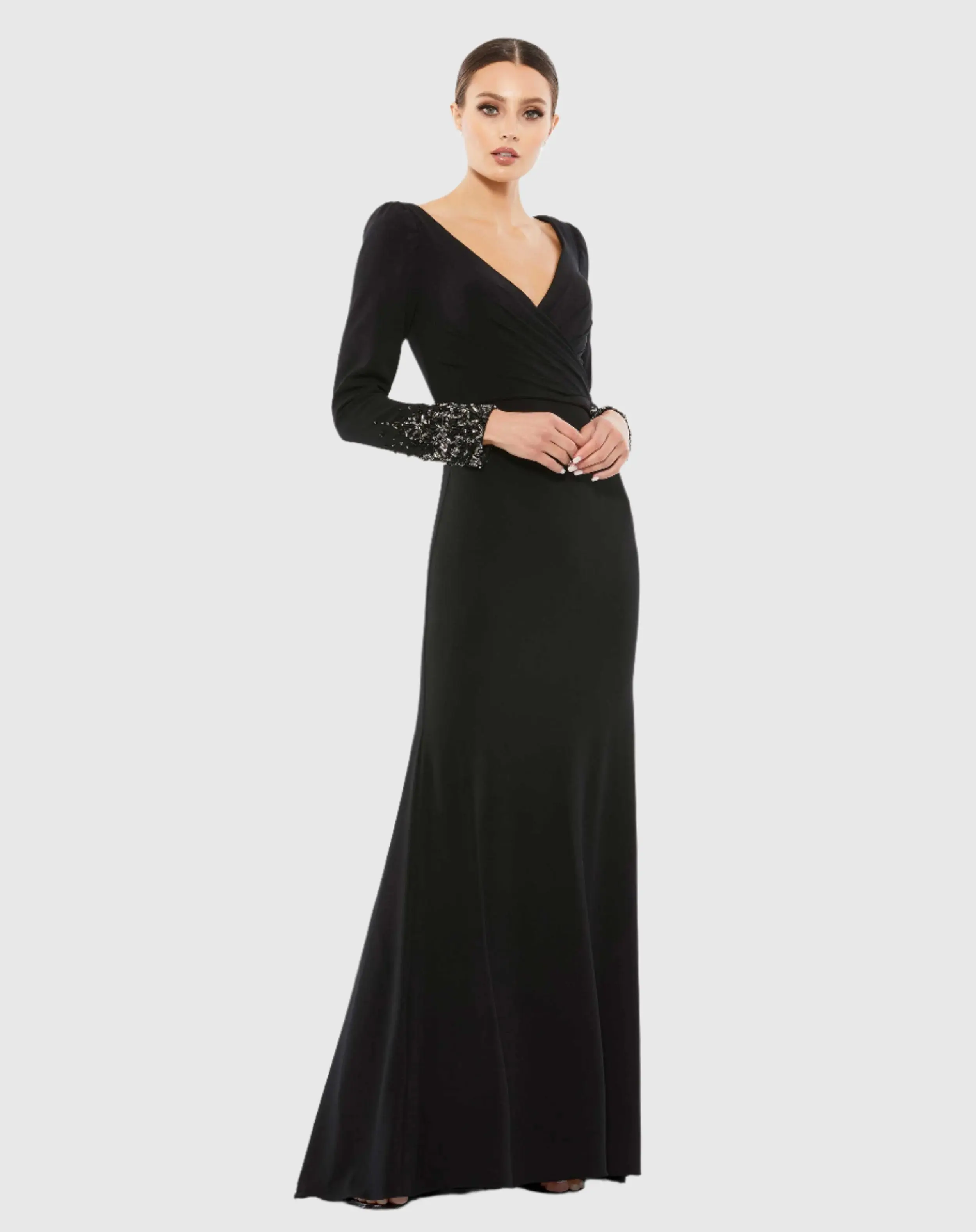 Black Beaded Cuff Long Sleeve Wrap Over Trumpet Gown - Special Events Unlimited