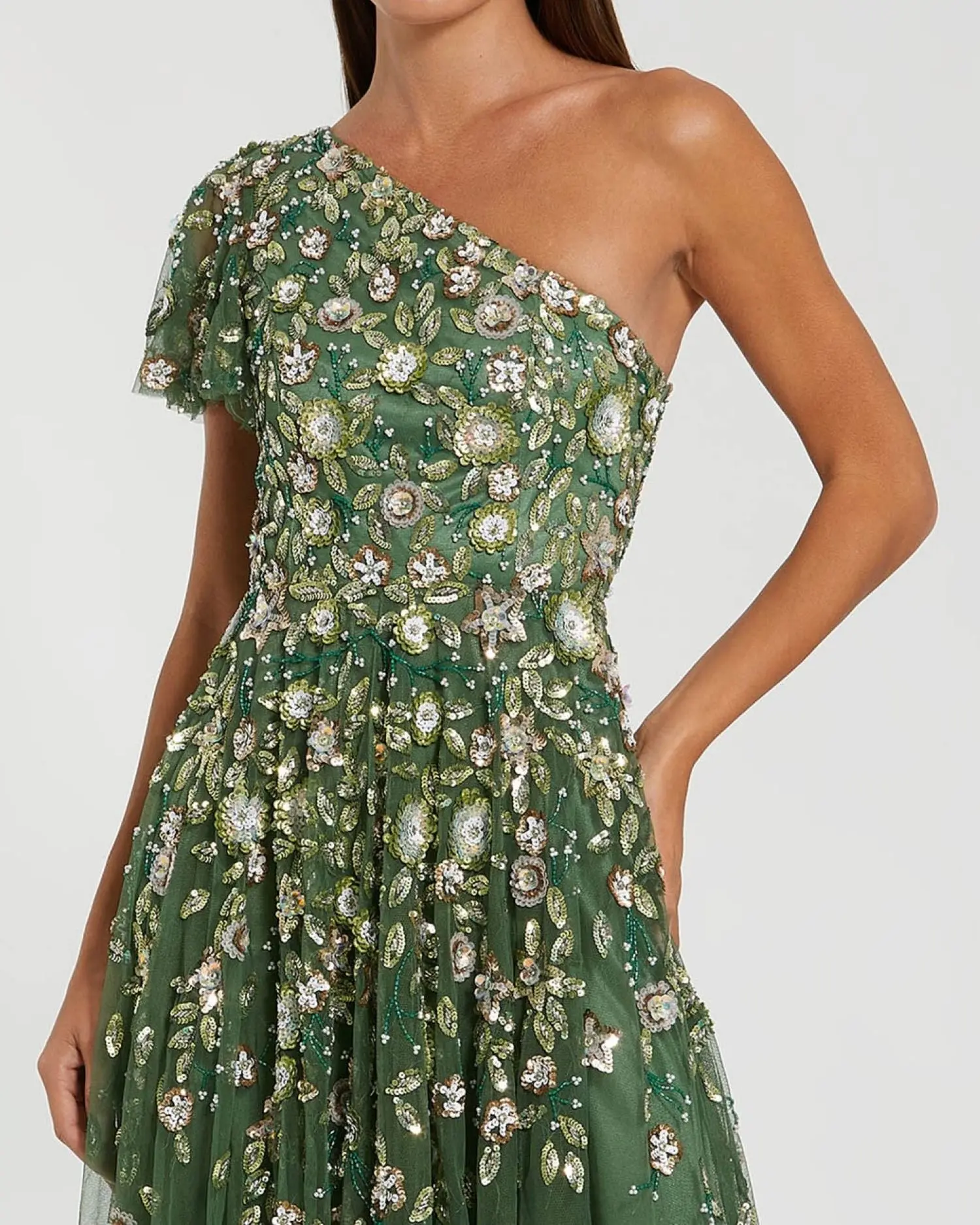 Green One Shoulder Embellished A Line Gown - Special Events Unlimited