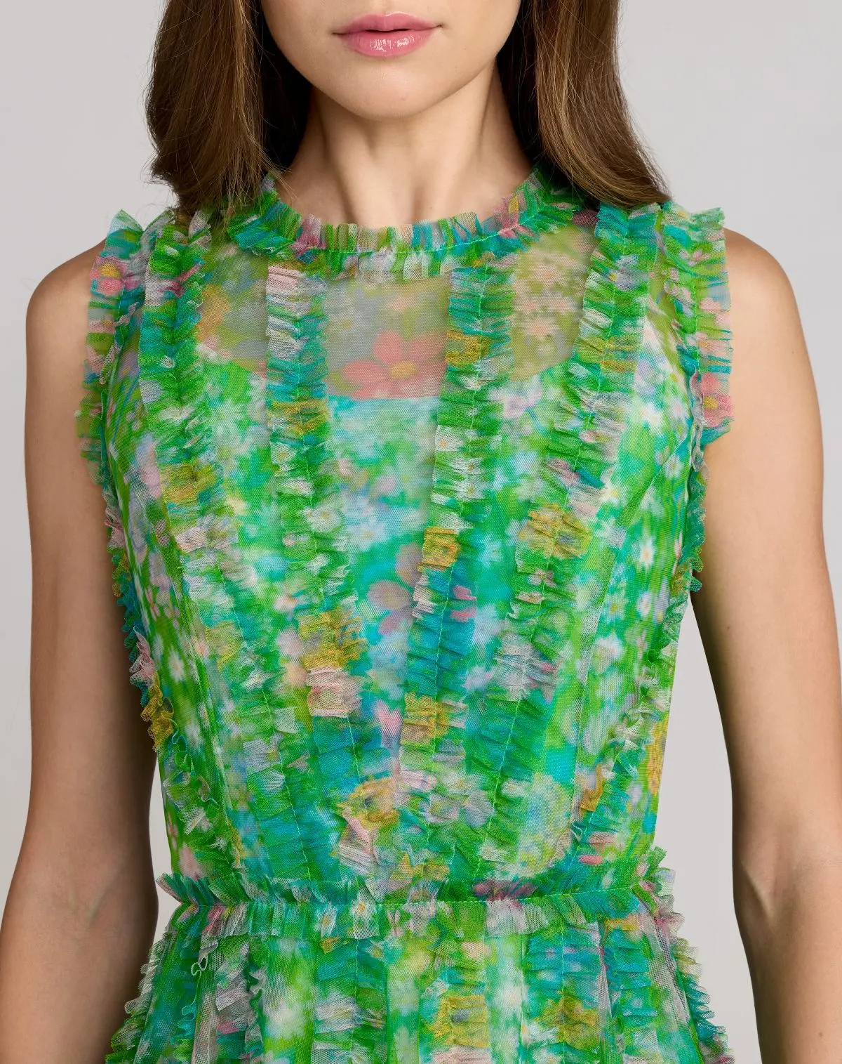 Green Multicolor Micro Ruffle Floral A-Line Mini Dress - Special Events Unlimited