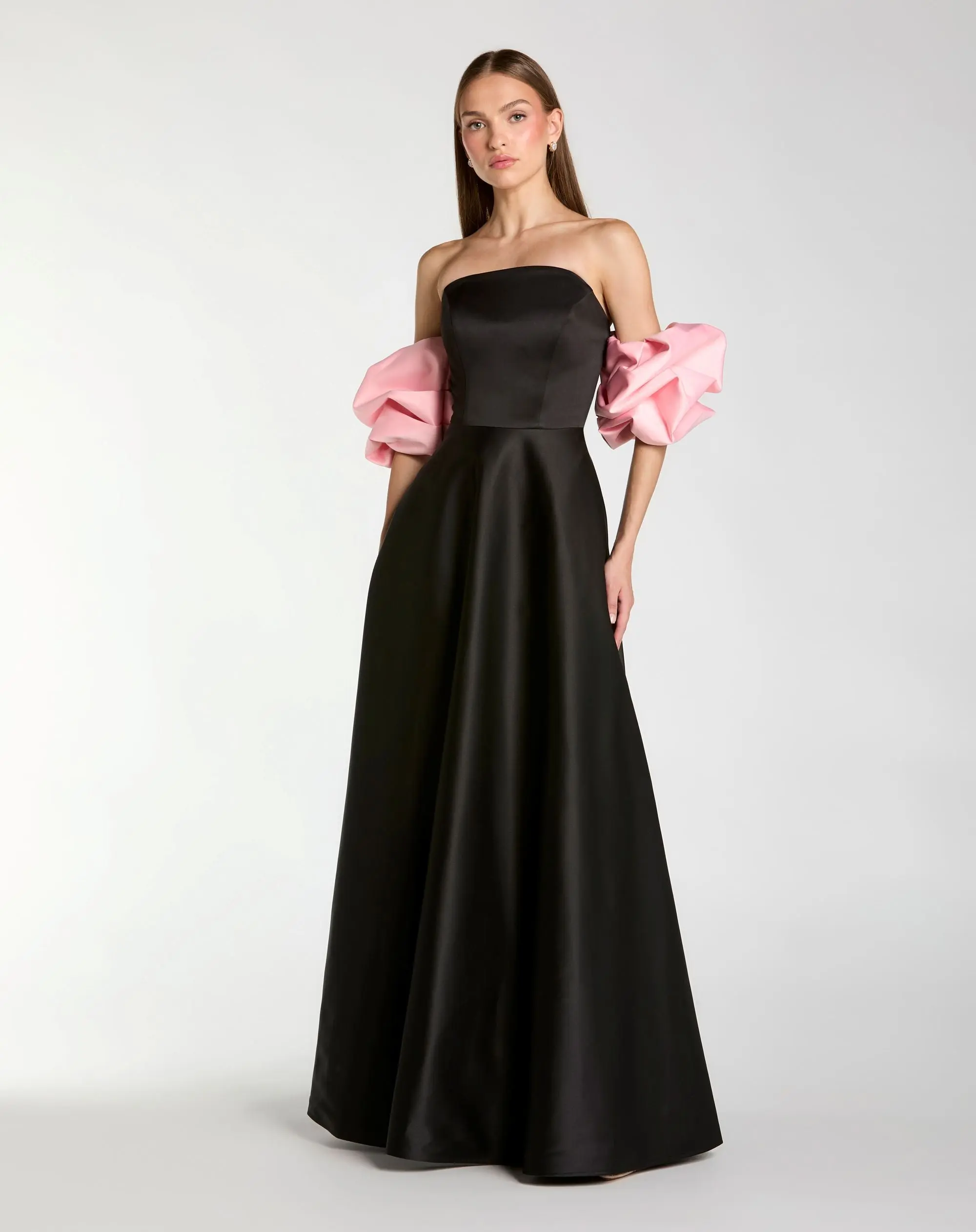 Black Satin Ball Gown With Colorblock Puff Sleeves - Special Events Unlimited