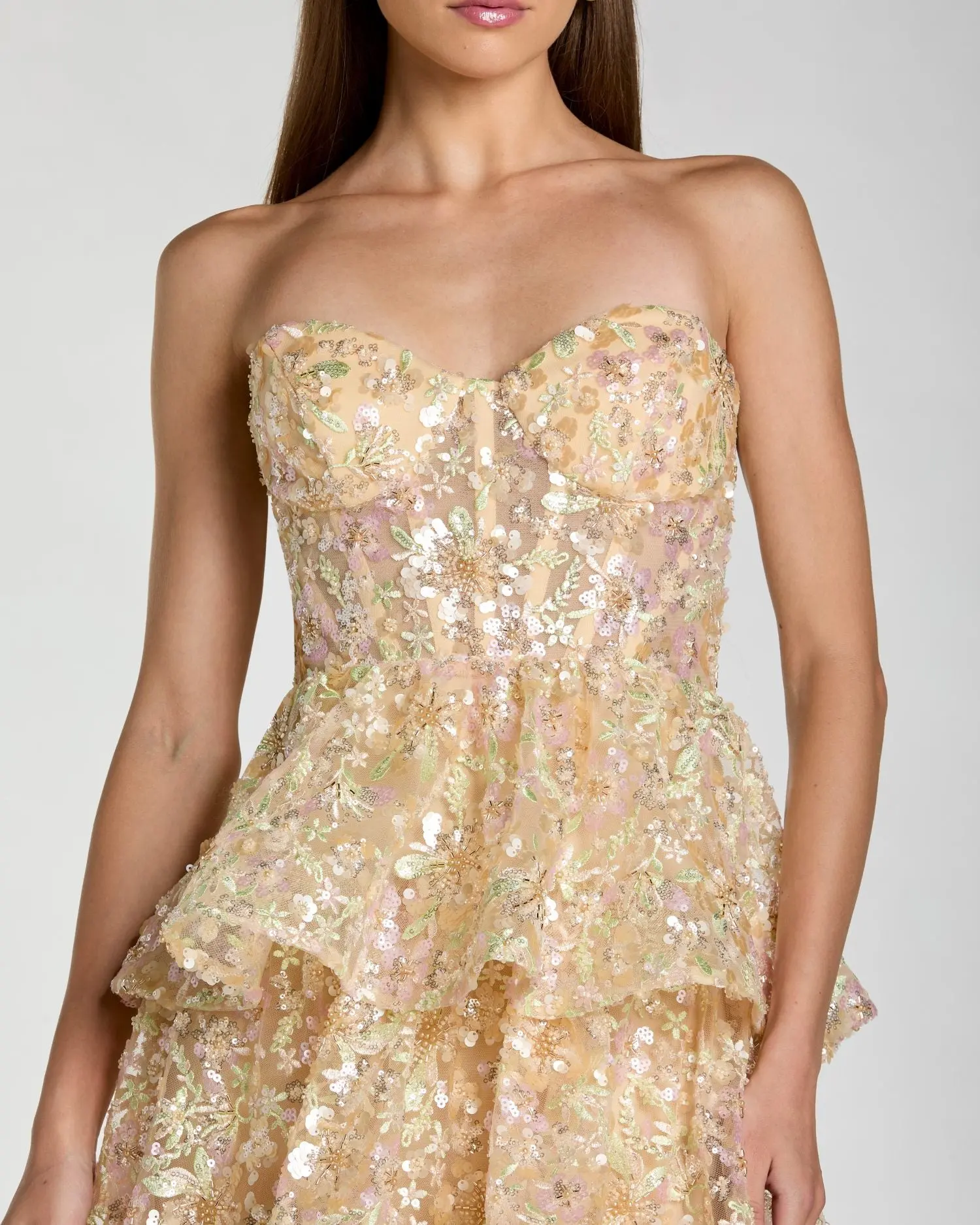 Gold Embellished Strapless Sweetheart Ruffle Gown - Special Events Unlimited