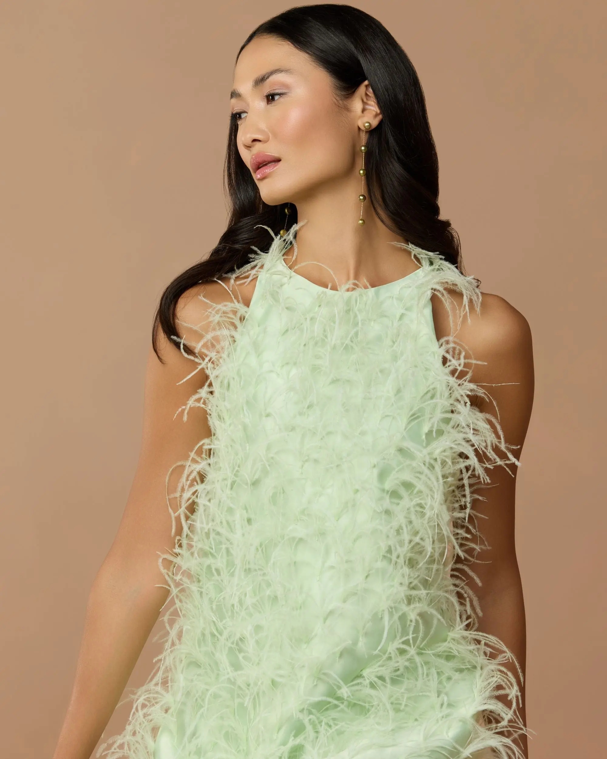 Green Sleeveless Feather Embellished High Low Gown - Special Events Unlimited