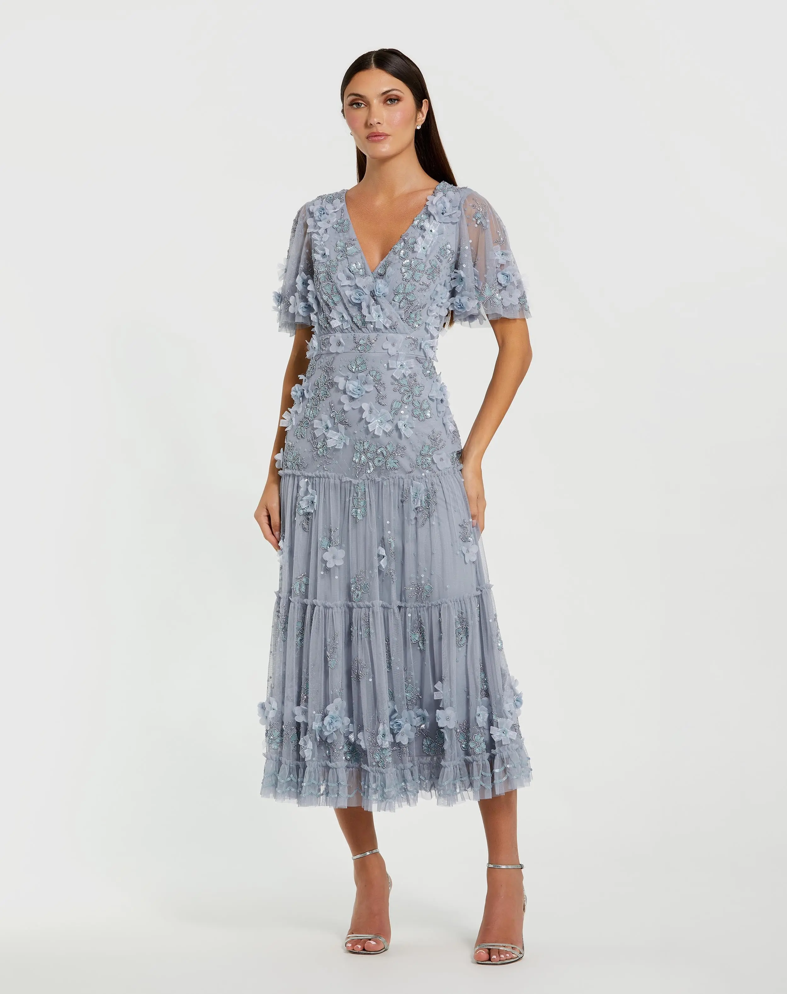 Blue Floral Embellished Flutter Sleeve Dress - Special Events Unlimited