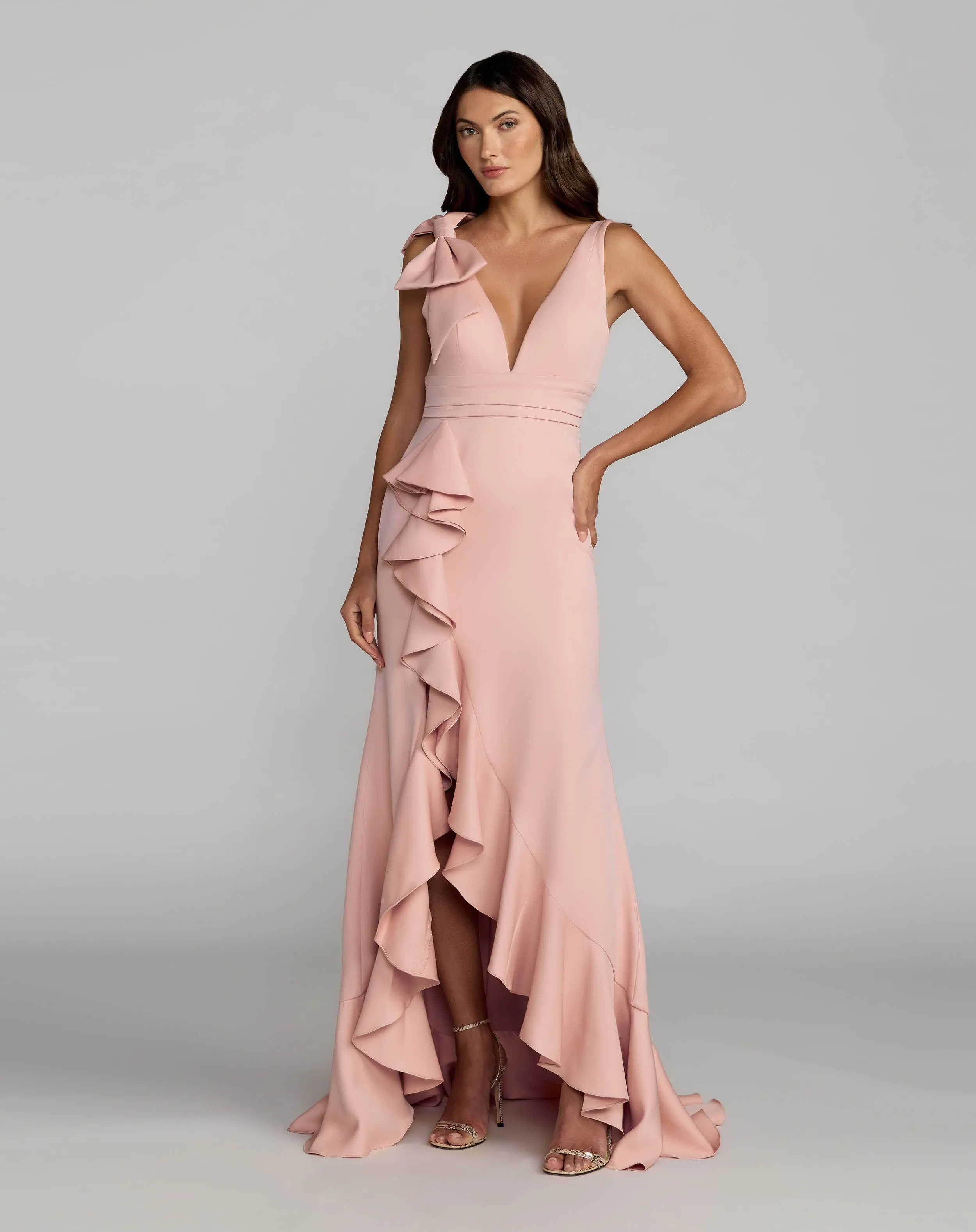 Pink Ruffle Trumpet Gown With Bow - Special Events Unlimited