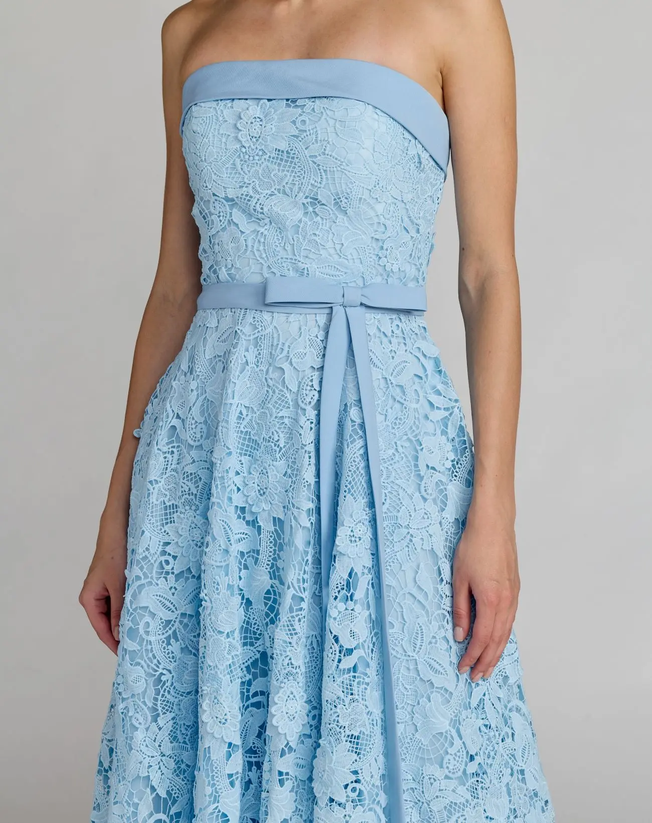 Blue Embroidered Lace Strapless Midi Dress With Bow Detail - Special Events Unlimited