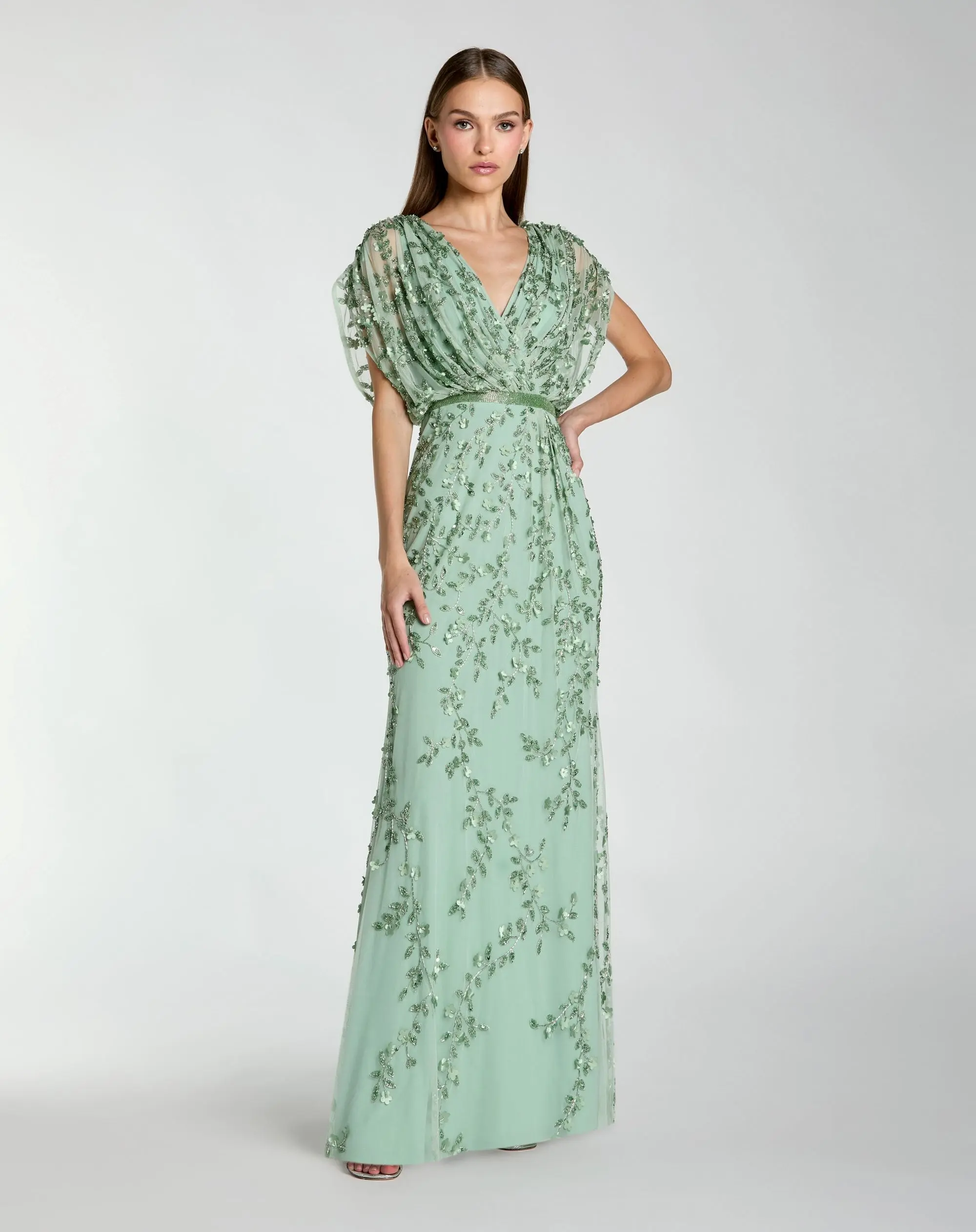 Green Beaded V-Neck Short Sleeve Blouson Gown - Special Events Unlimited