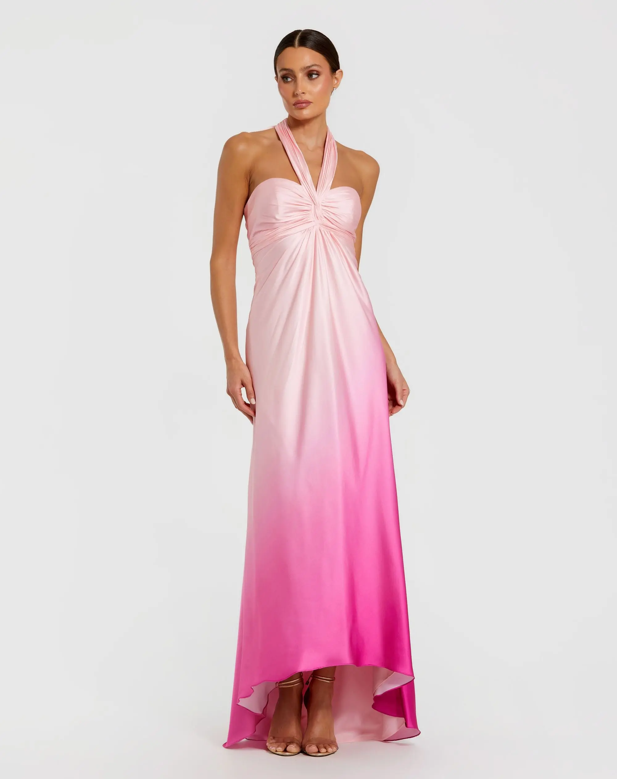 Pink Charmeuse Tie Halter Neck Ombre Gown - Special Events Unlimited