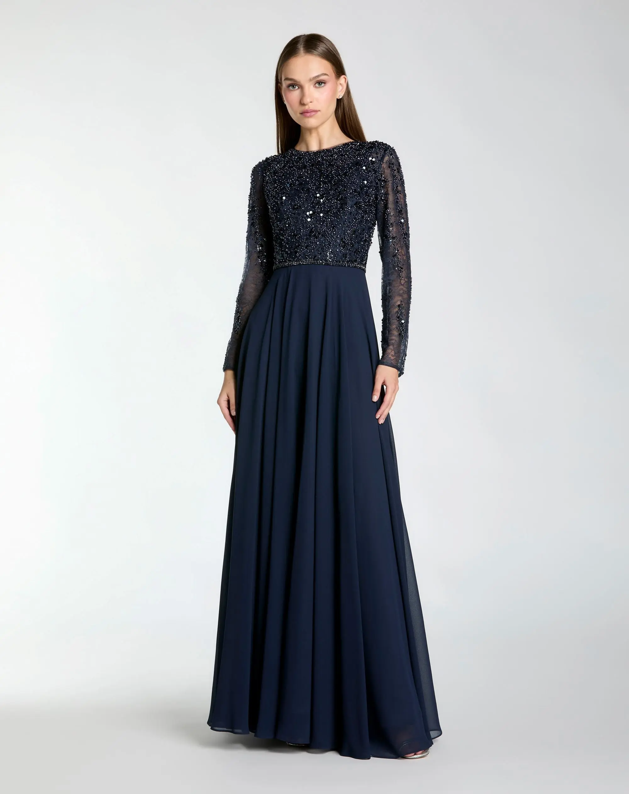 Navy Embellished Lace Long Sleeve Gown With Chiffon Skirt - Special Events Unlimited