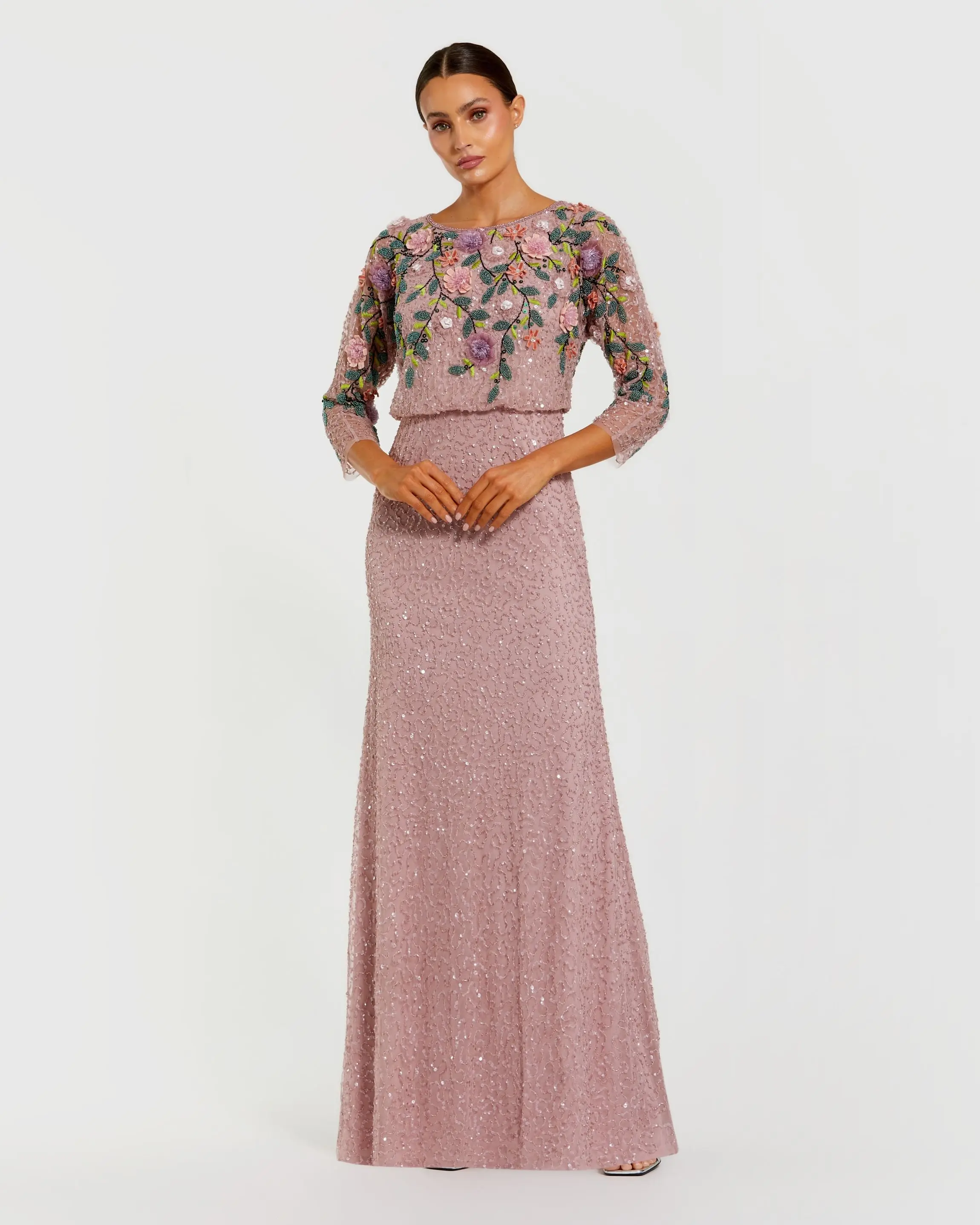 Purple Floral Embellished Long Sleeve Gown - Special Events Unlimited