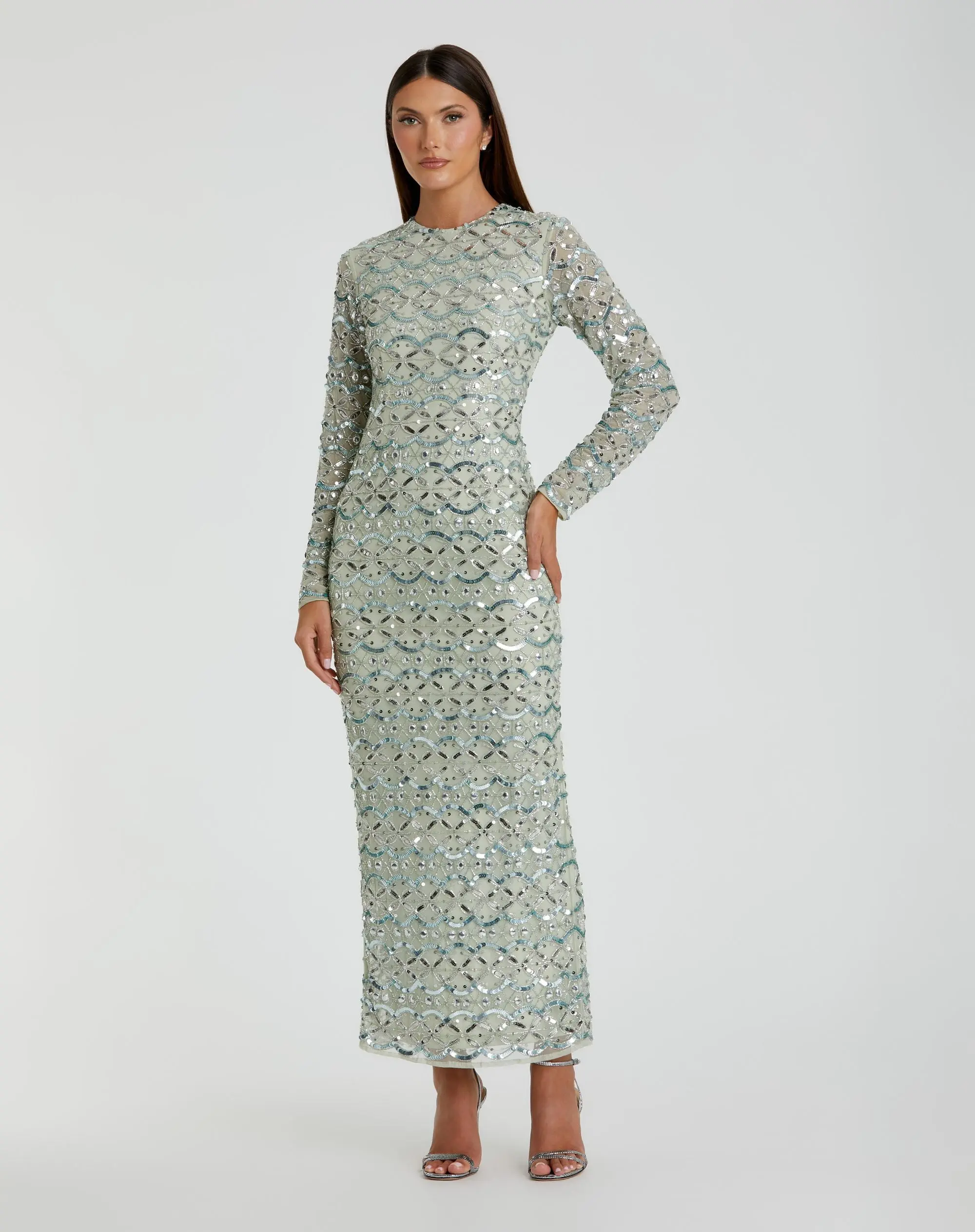 Green High Neck Long Sleeve Embellished Dress - Special Events Unlimited