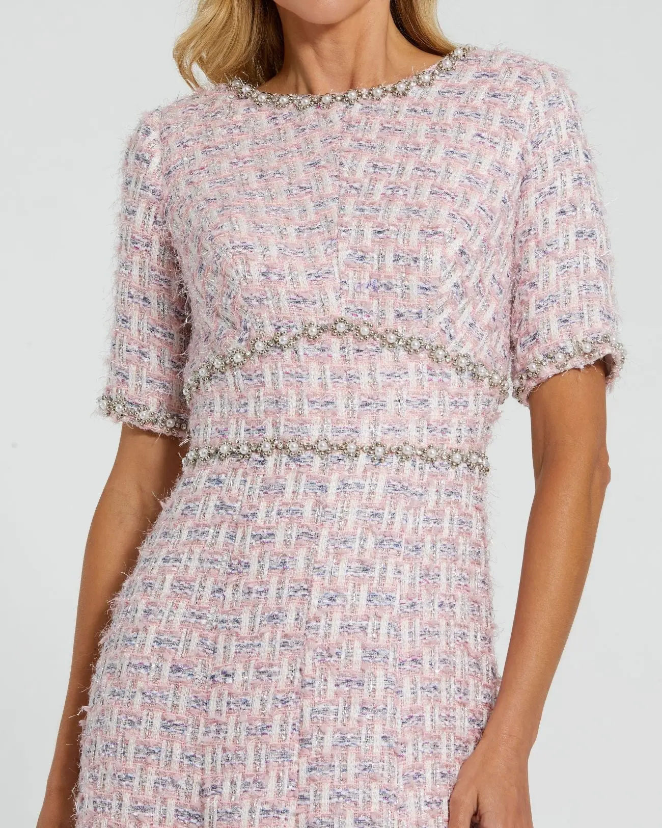 Pink Short Sleeve Beaded Trim Boucle Midi Dress - Special Events Unlimited