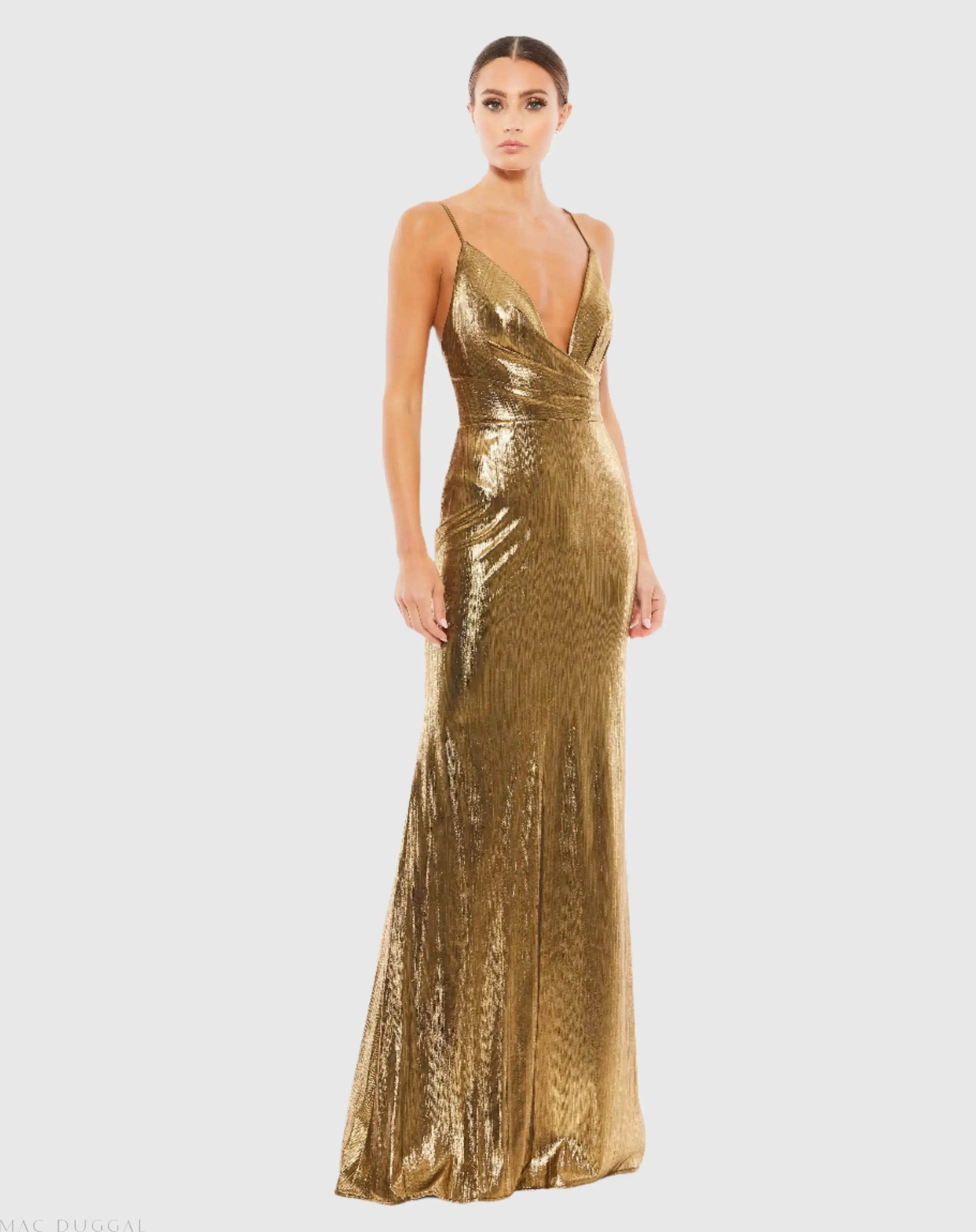 Gold Metallic Faux Wrap Spaghetti Strap Gown - Special Events Unlimited