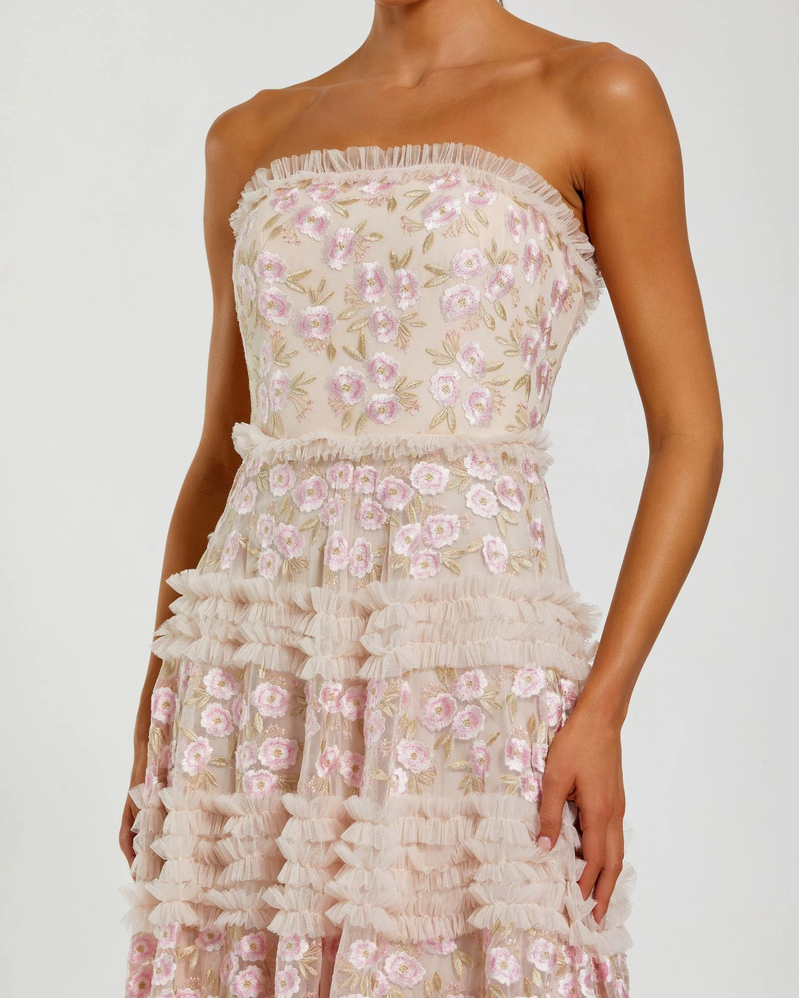 Pink Floral Embroidered Strapless Ruffle Maxi Dress - Special Events Unlimited