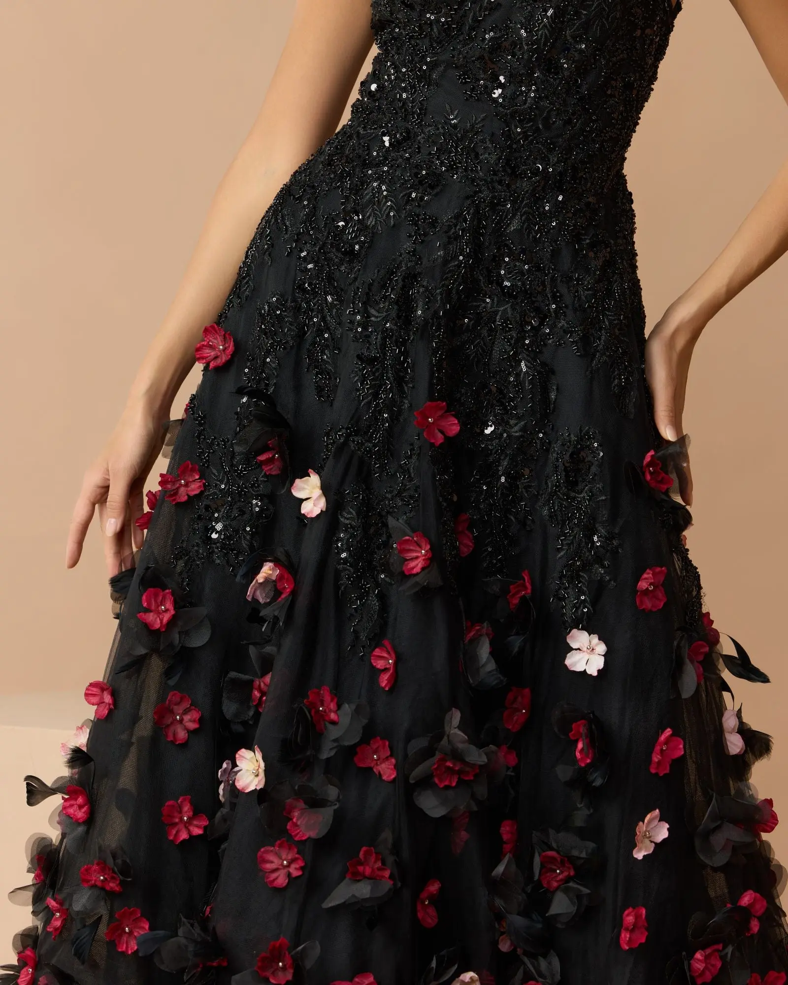 Black Sleeveless Beaded Midi Dress With 3D Flowers - Special Events Unlimited