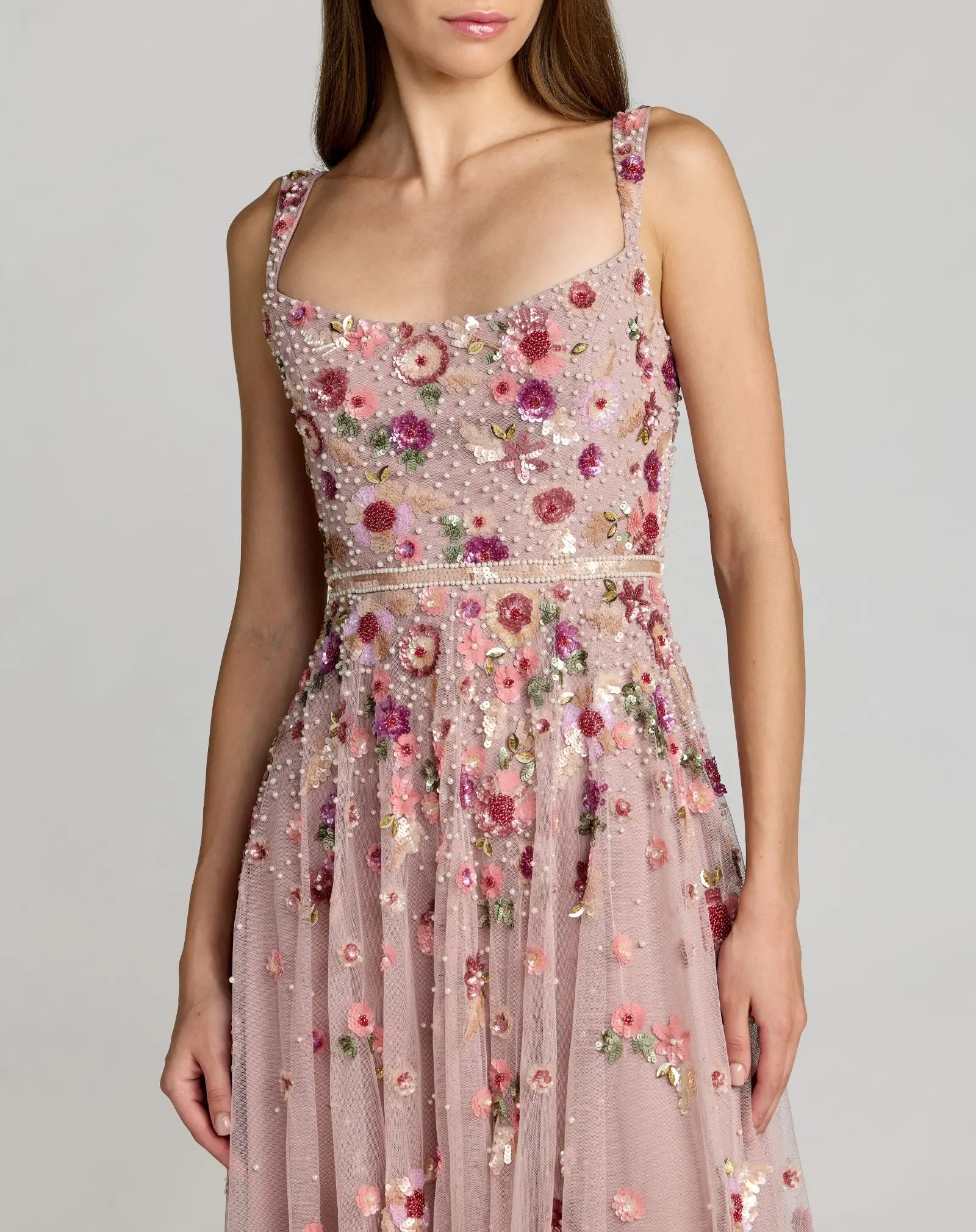 Rose Pink Floral Hand Embellished Scoop Neck Midi Dress - Special Events Unlimited