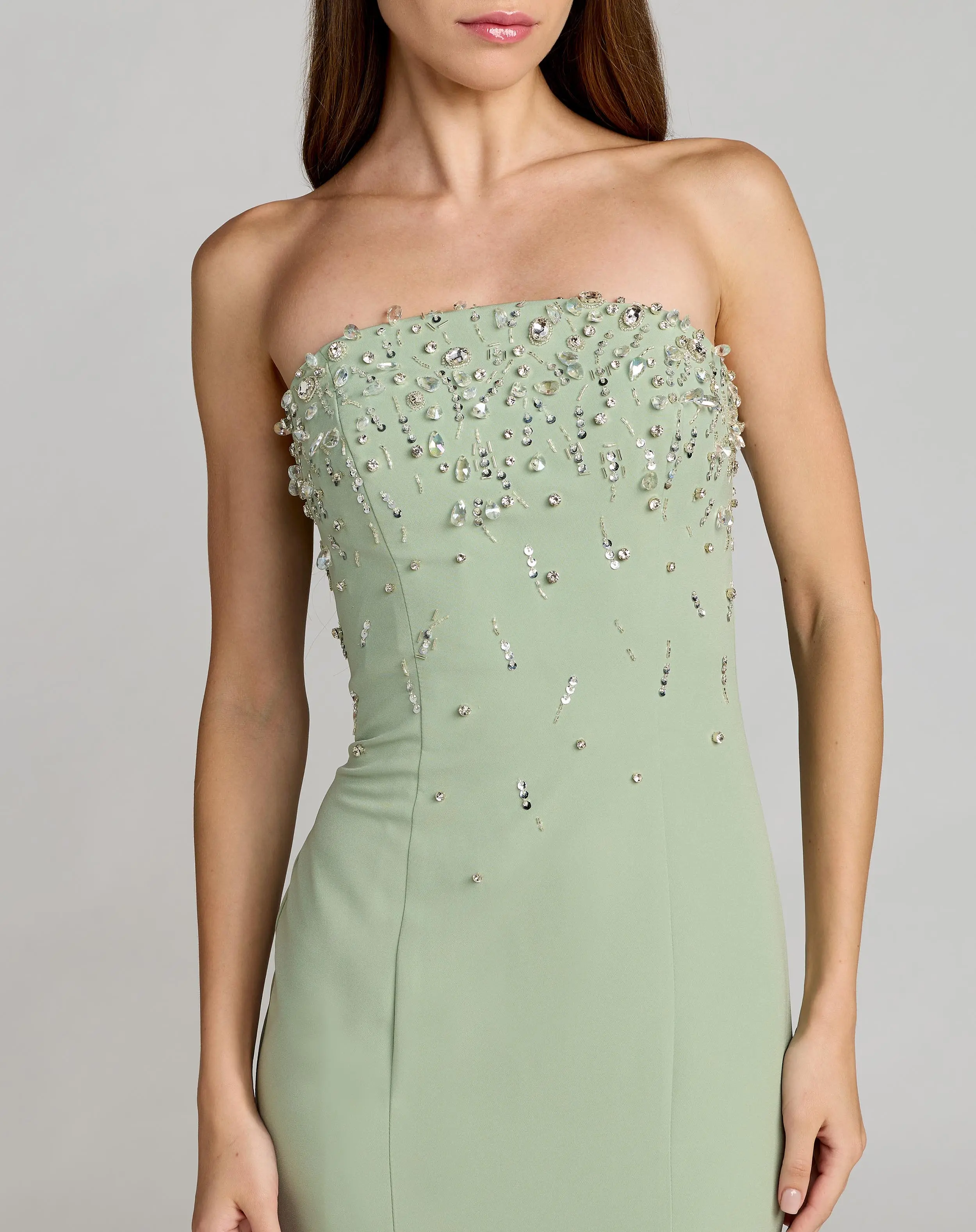 Green Strapless Embellished Crepe Mermaid Gown - Special Events Unlimited