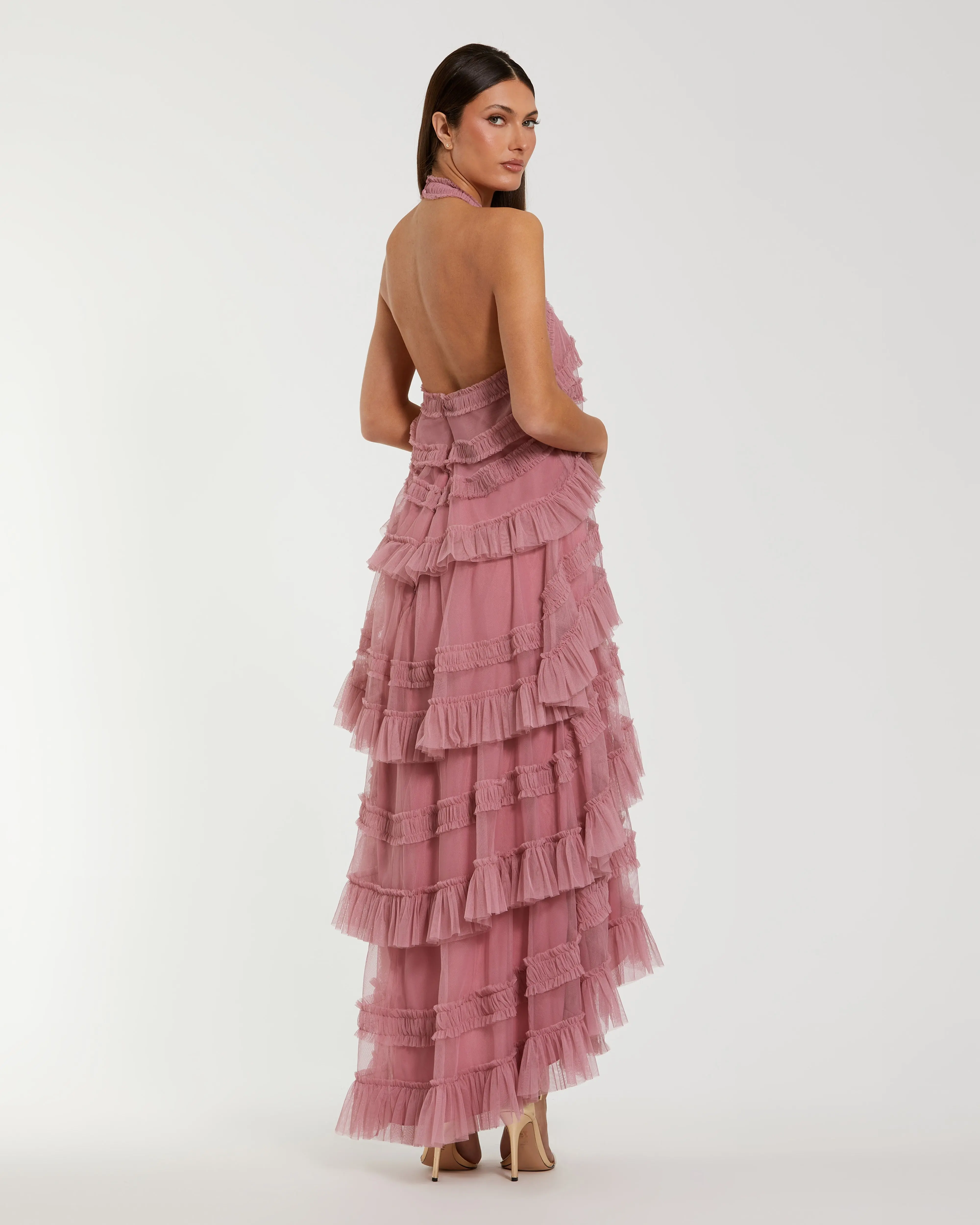 Pink Tiered Ruffle Halter Neck Midi Dress - Special Events Unlimited