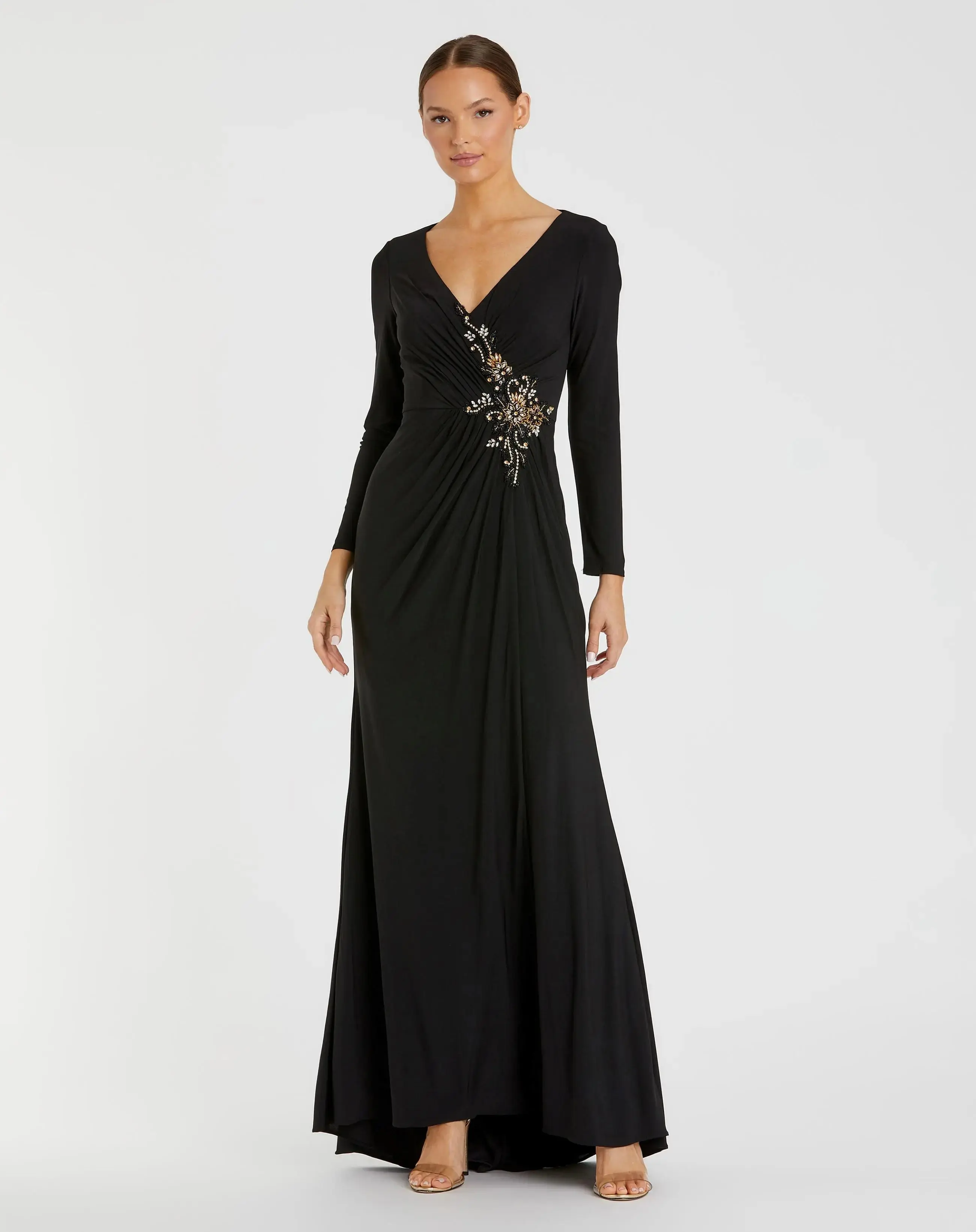 Black Faux Wrap Long Sleeve Evening Gown with Appliqué Detail - Special Events Unlimited