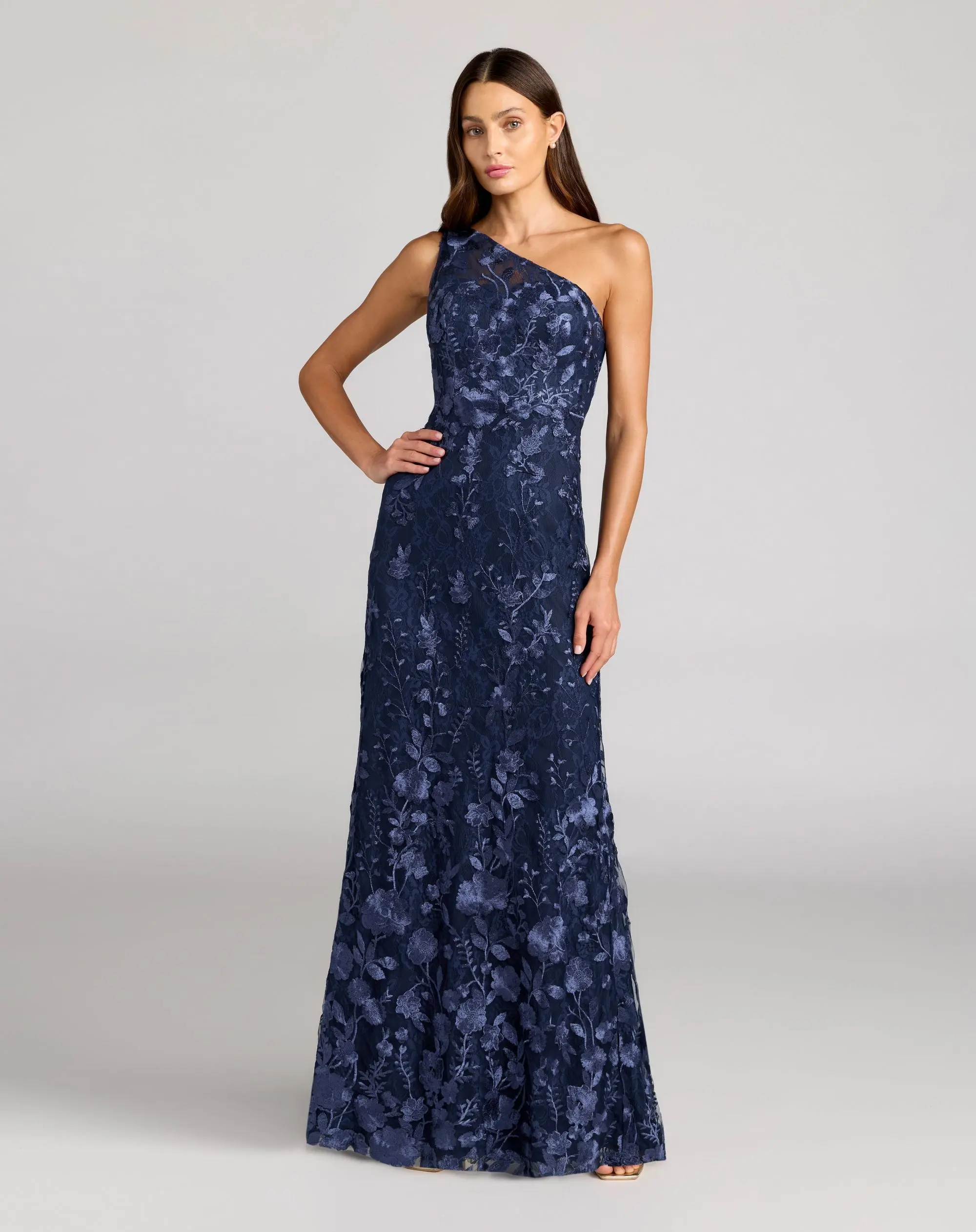 Navy One Shoulder Floral Embroidered Gown - Special Events Unlimited