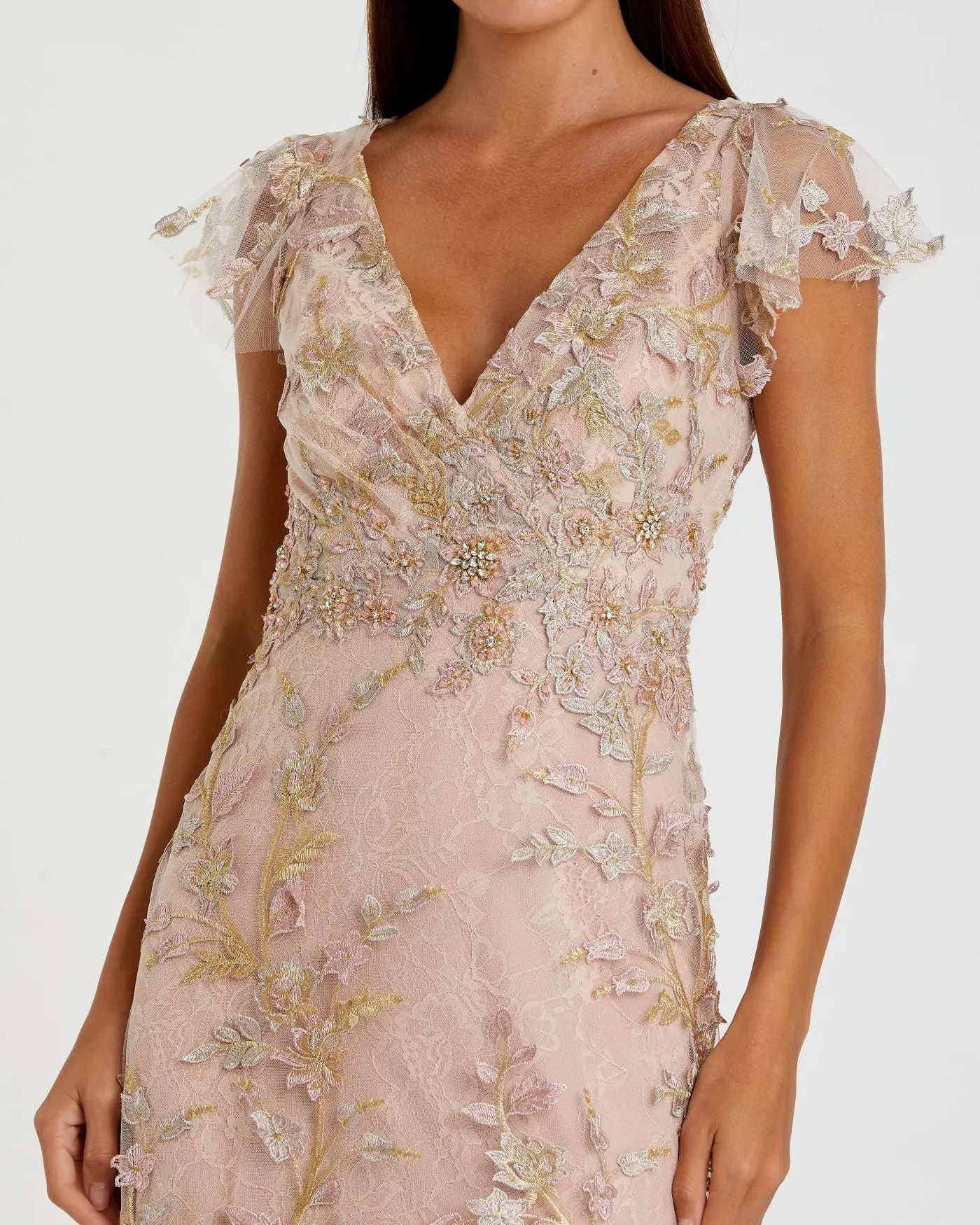 Pink Embroidered Applique Wrap Over Flutter Sleeve Gown - Special Events Unlimited