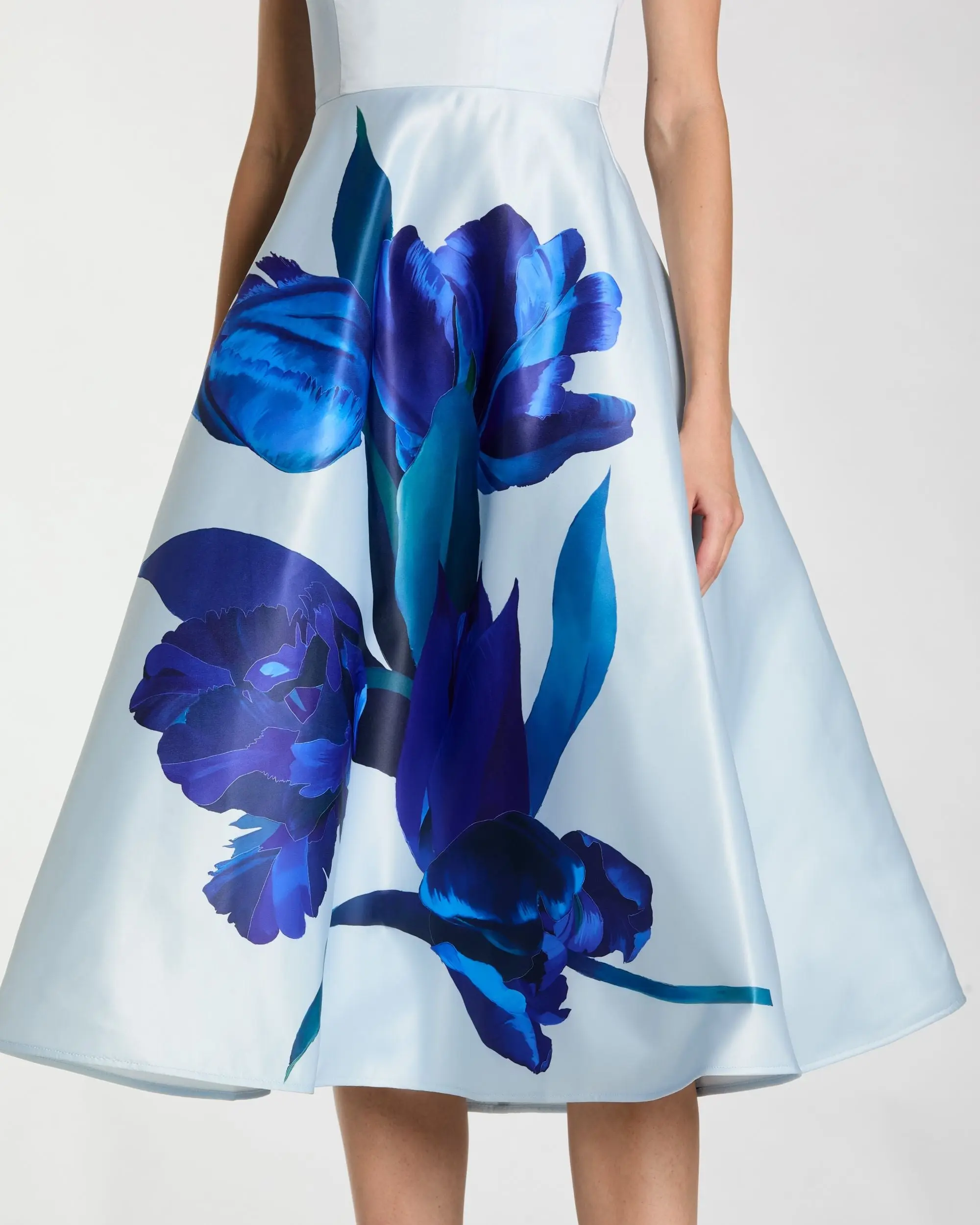 Blue Strapless Satin Midi Dress With Flower Print - Special Events Unlimited