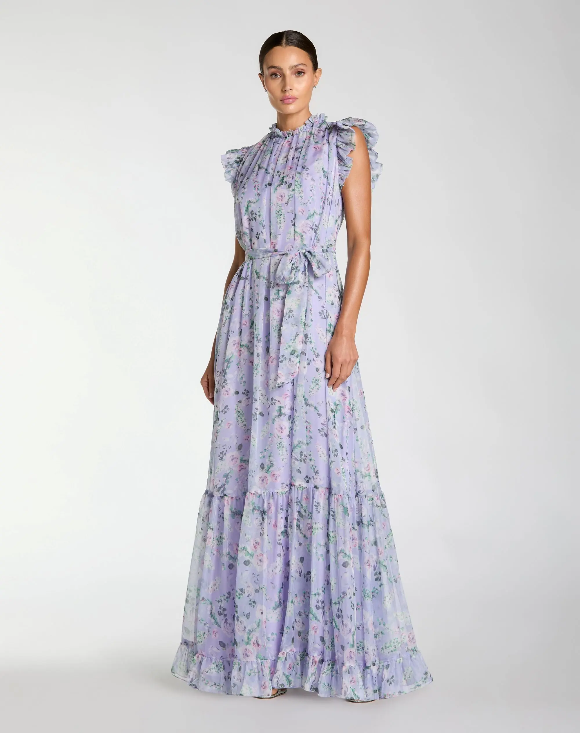 Light Purple Floral Chiffon Cap Sleeve Gown - Special Events Unlimited