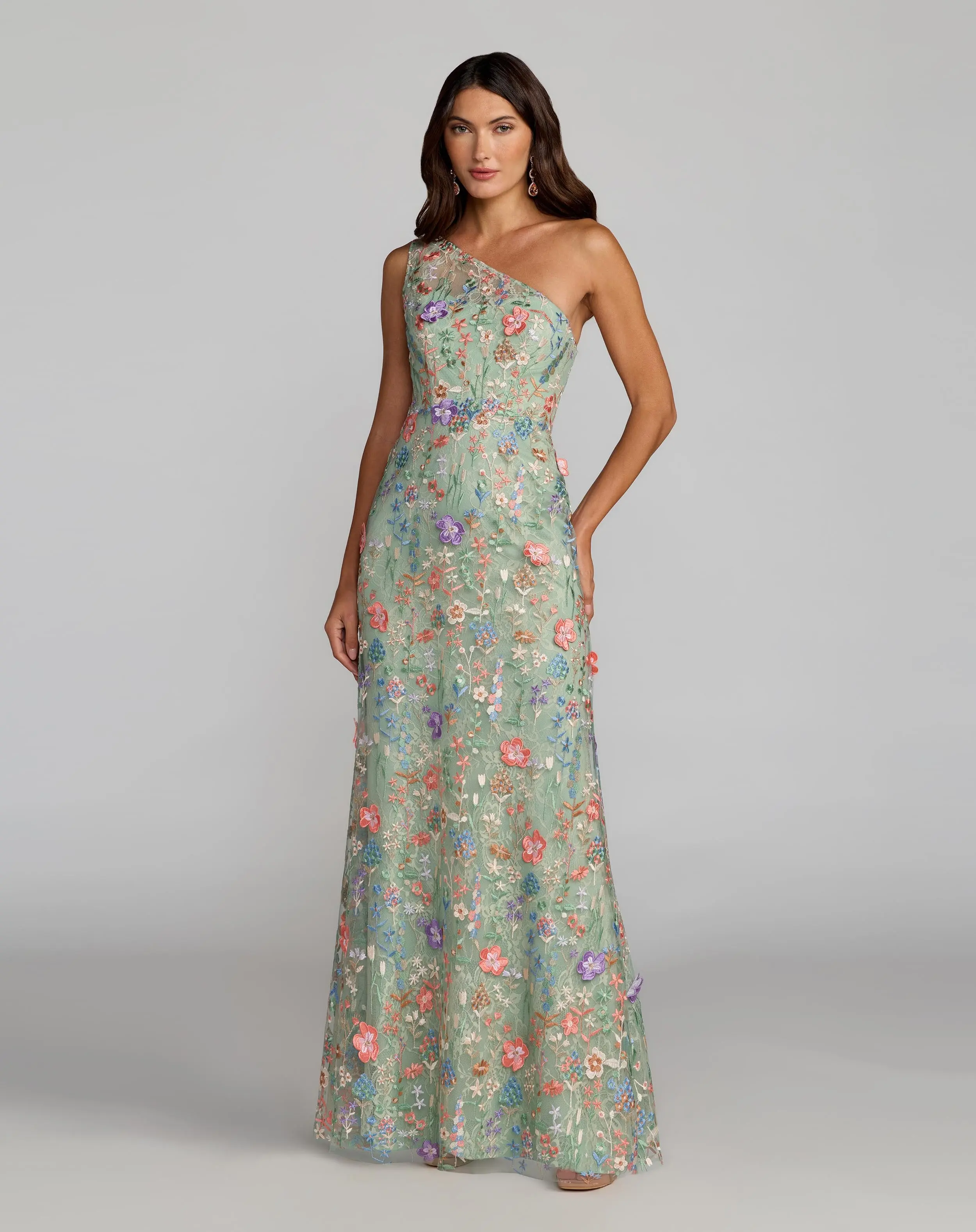 Green One Shoulder Floral Embroidered Gown - Special Events Unlimited