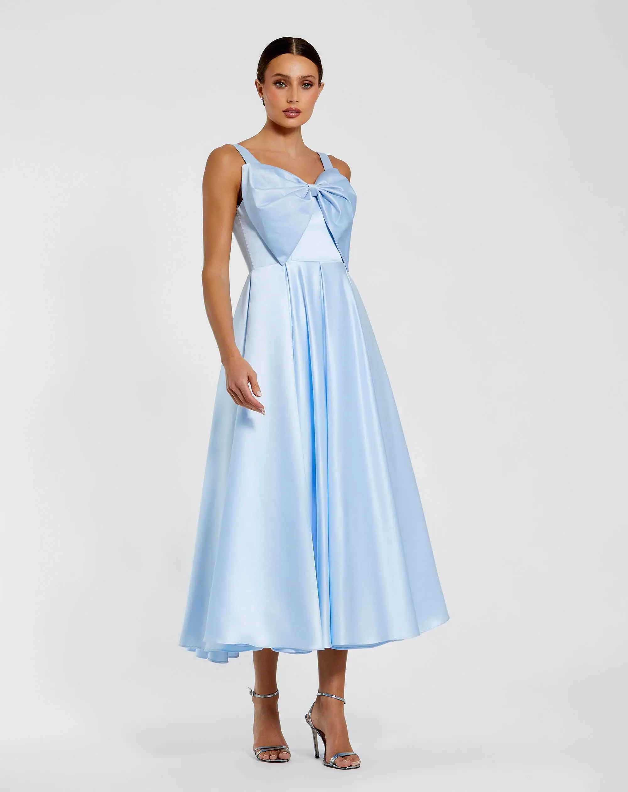 Blue Satin Midi Dress with Oversized Bow - Special Events Unlimited