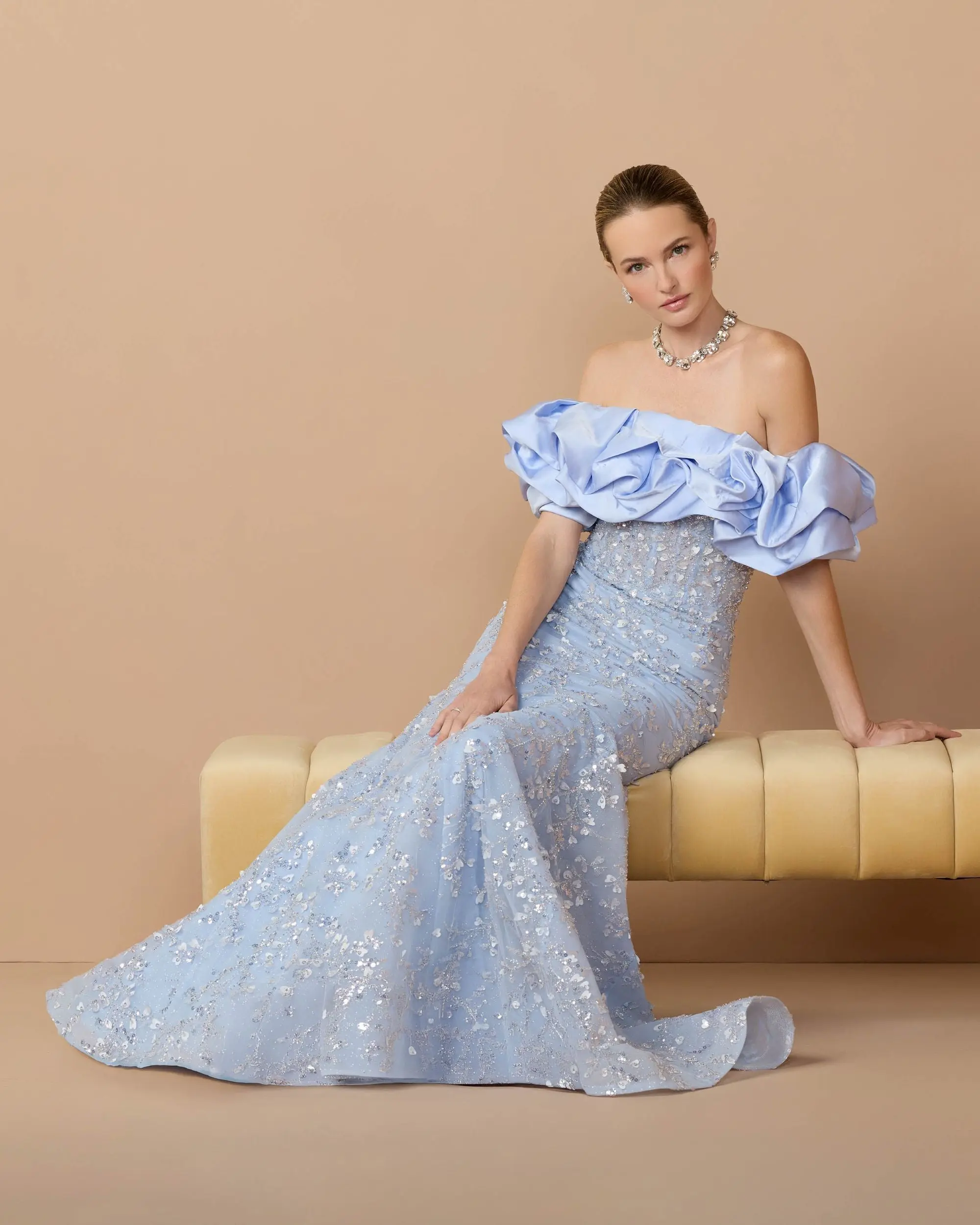 Blue Embellished Mermaid Gown With Off The Shoulder Ruffle - Special Events Unlimited