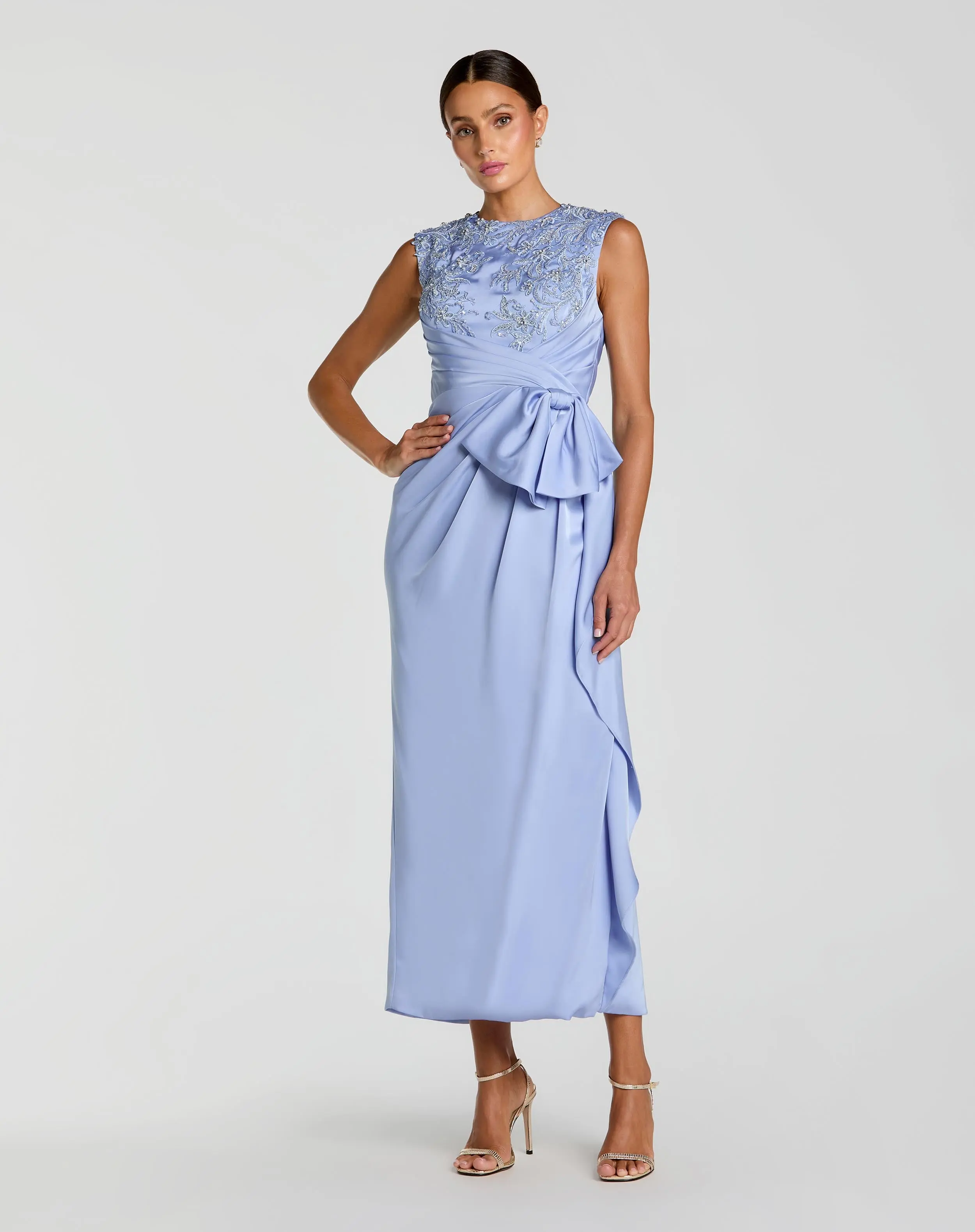 Blue Beaded Satin Midi Dress with Bow - Special Events Unlimited